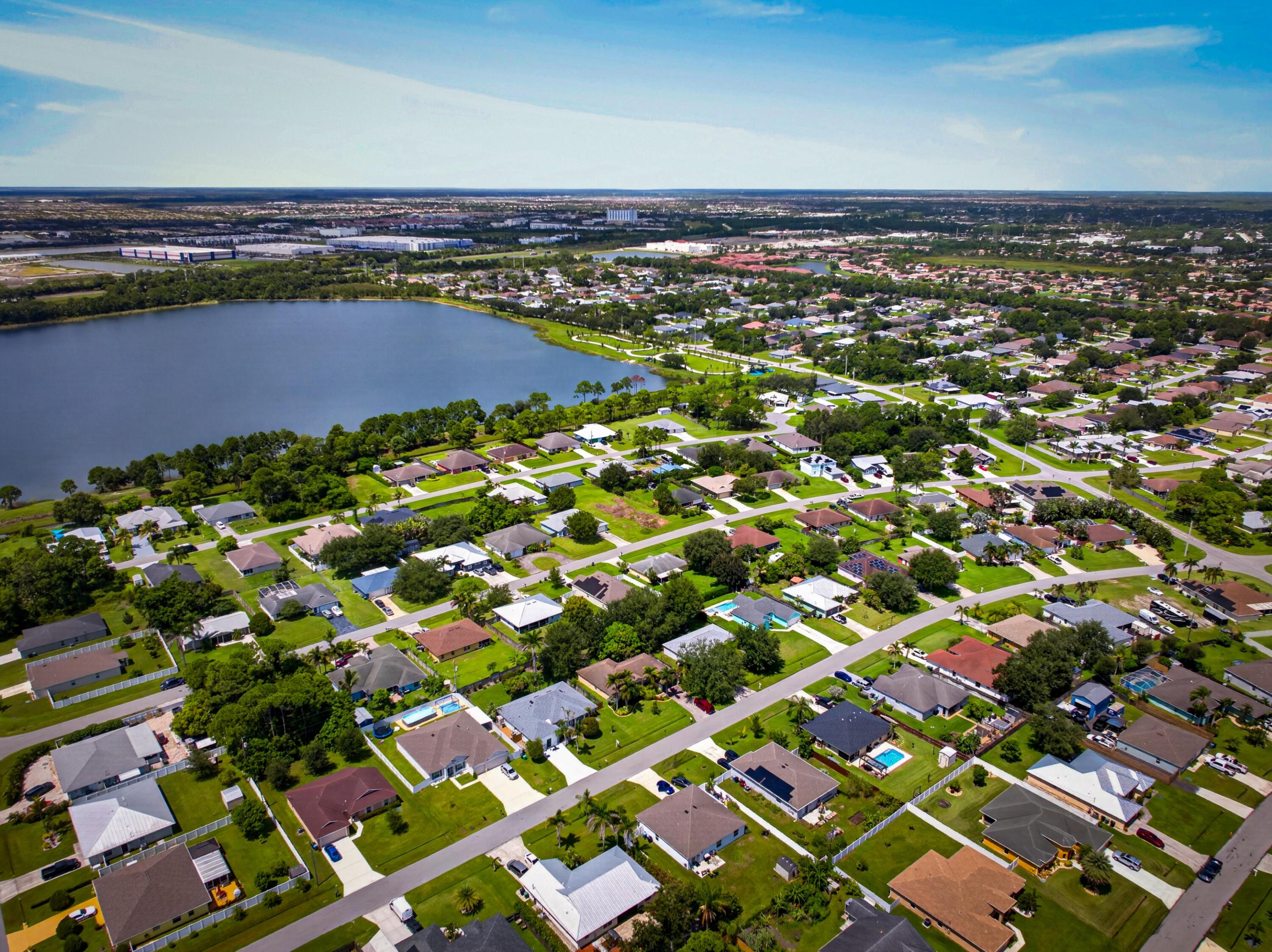 Aerial perspective showcasing a residential area with varied housing styles