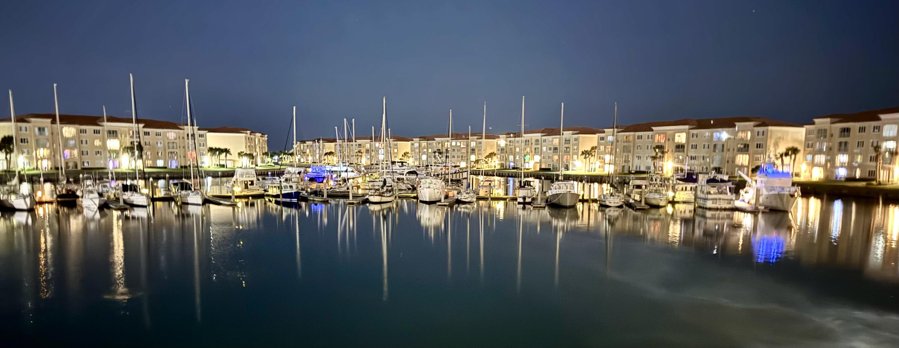 View of Harbour Isle Marina at night.