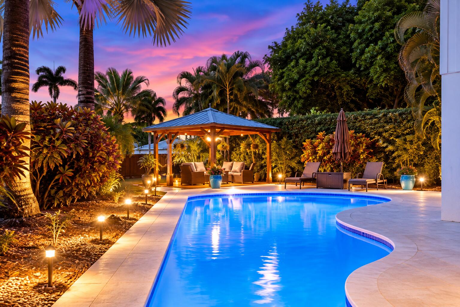 The resort-style pool starts underneath the roof line and expands down the oversized lot. Swim Olympic laps in your own backyard.