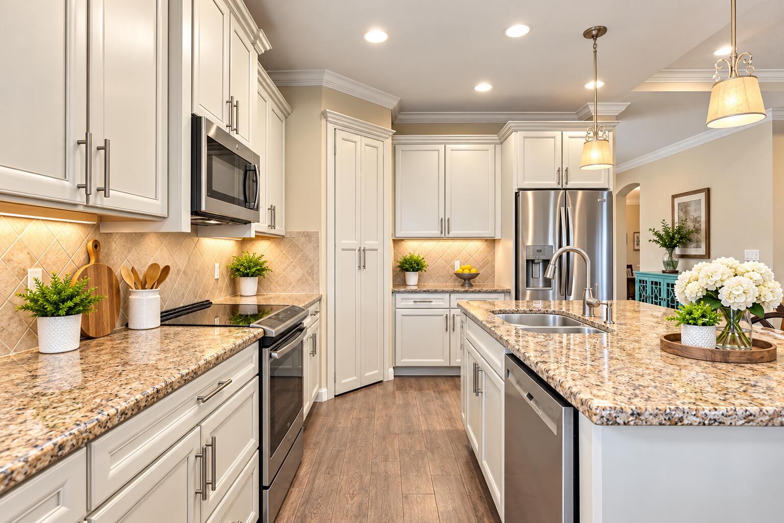 Bright Neutral Galley Kitchen with Islan