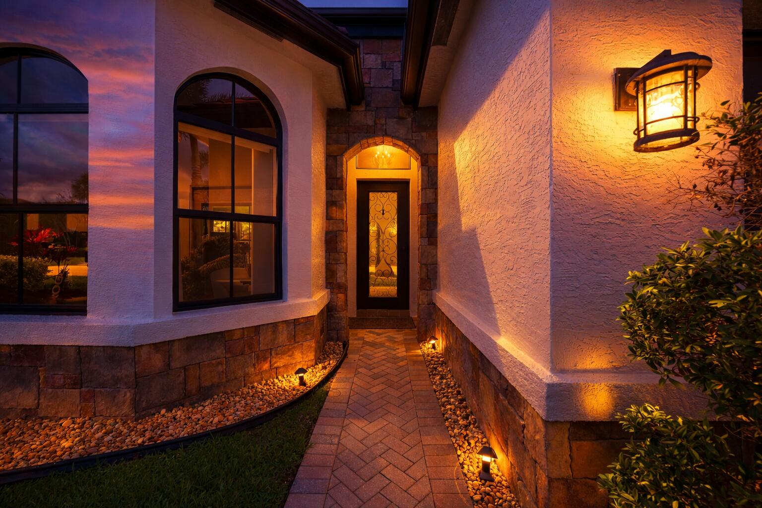 Exterior entry featuring stucco walls with stone veneer accents, arched windows, herringbone-pattern paver walkway, and decorative wall-mounted lanterns