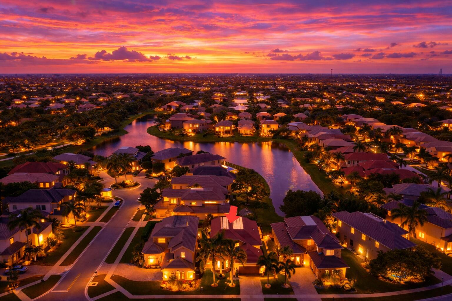 Aerial perspective of residential property featuring solar panel installation, tile roofing, and integrated palm tree landscaping