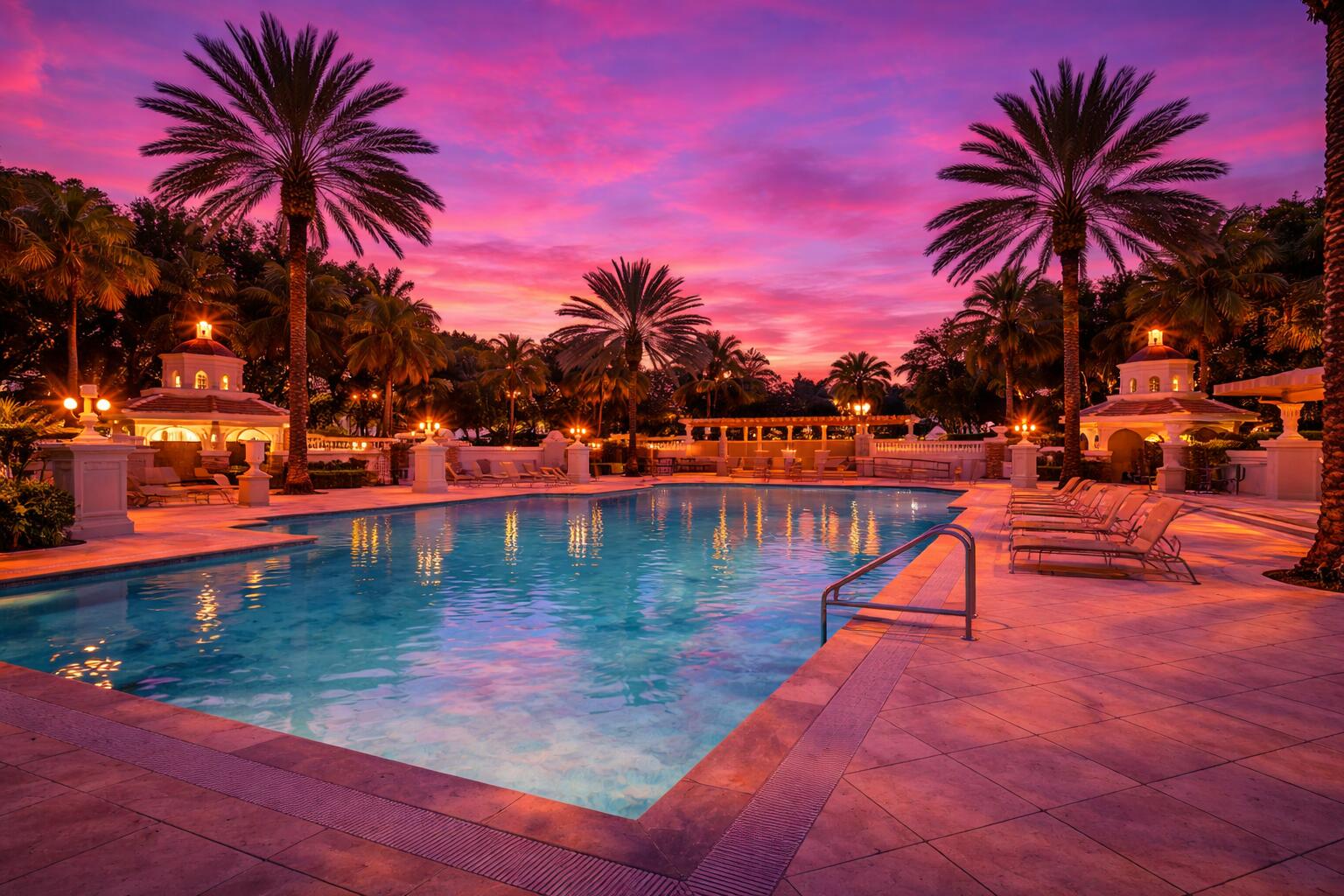 In-ground swimming pool featuring tile surround, integrated landscape lighting, dual gazebos, and mature palm trees