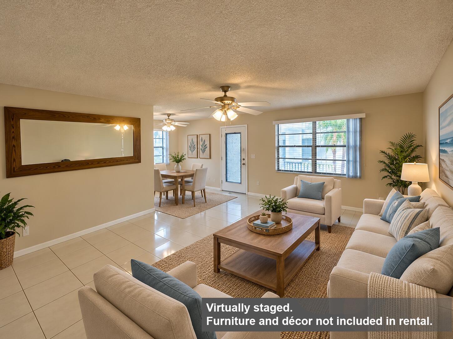 Spacious Living and Dining Area with Kitchen to the Left