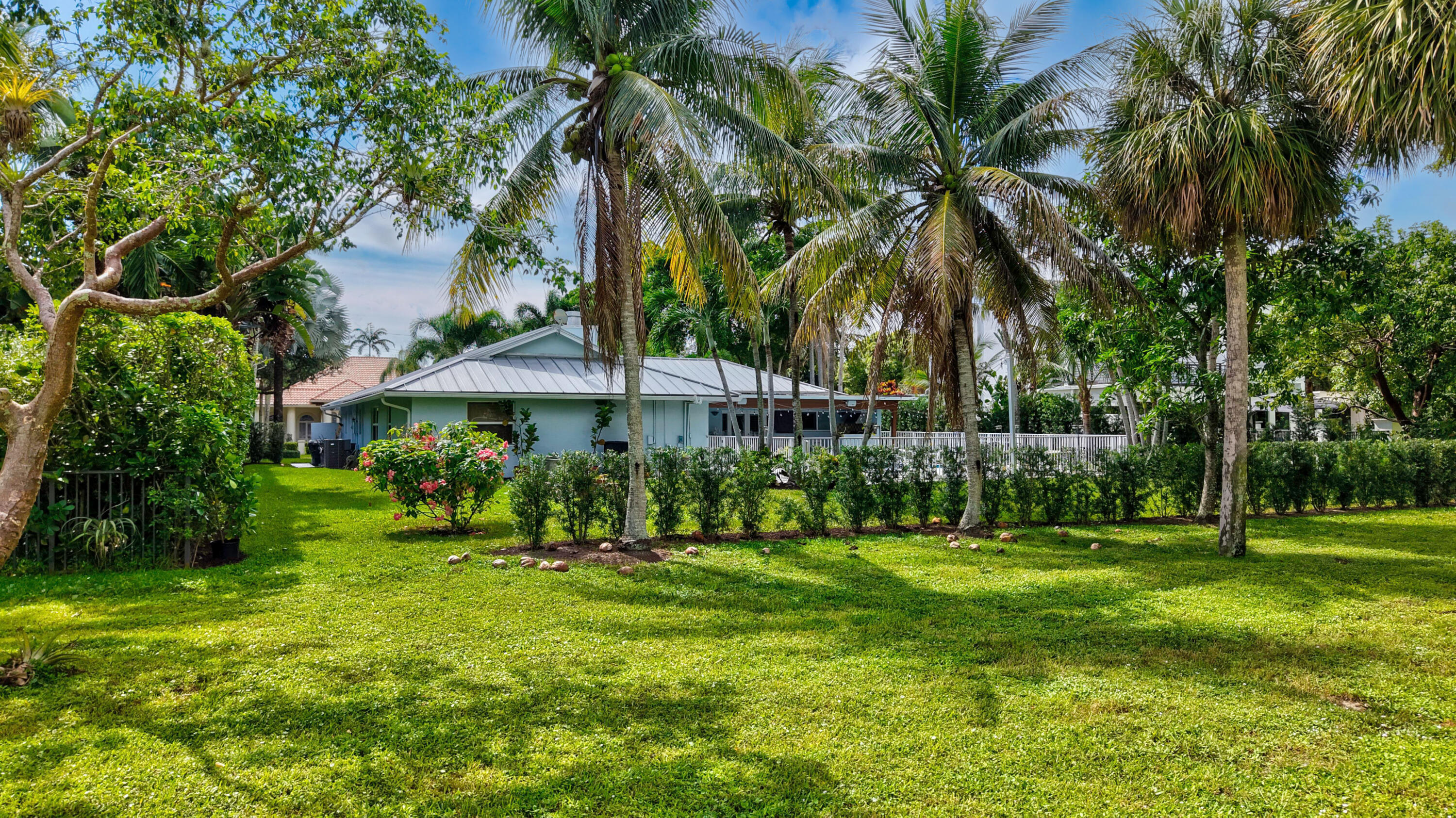 Expansive lawn with mature palm trees, perimeter shrubbery, and metal roofing