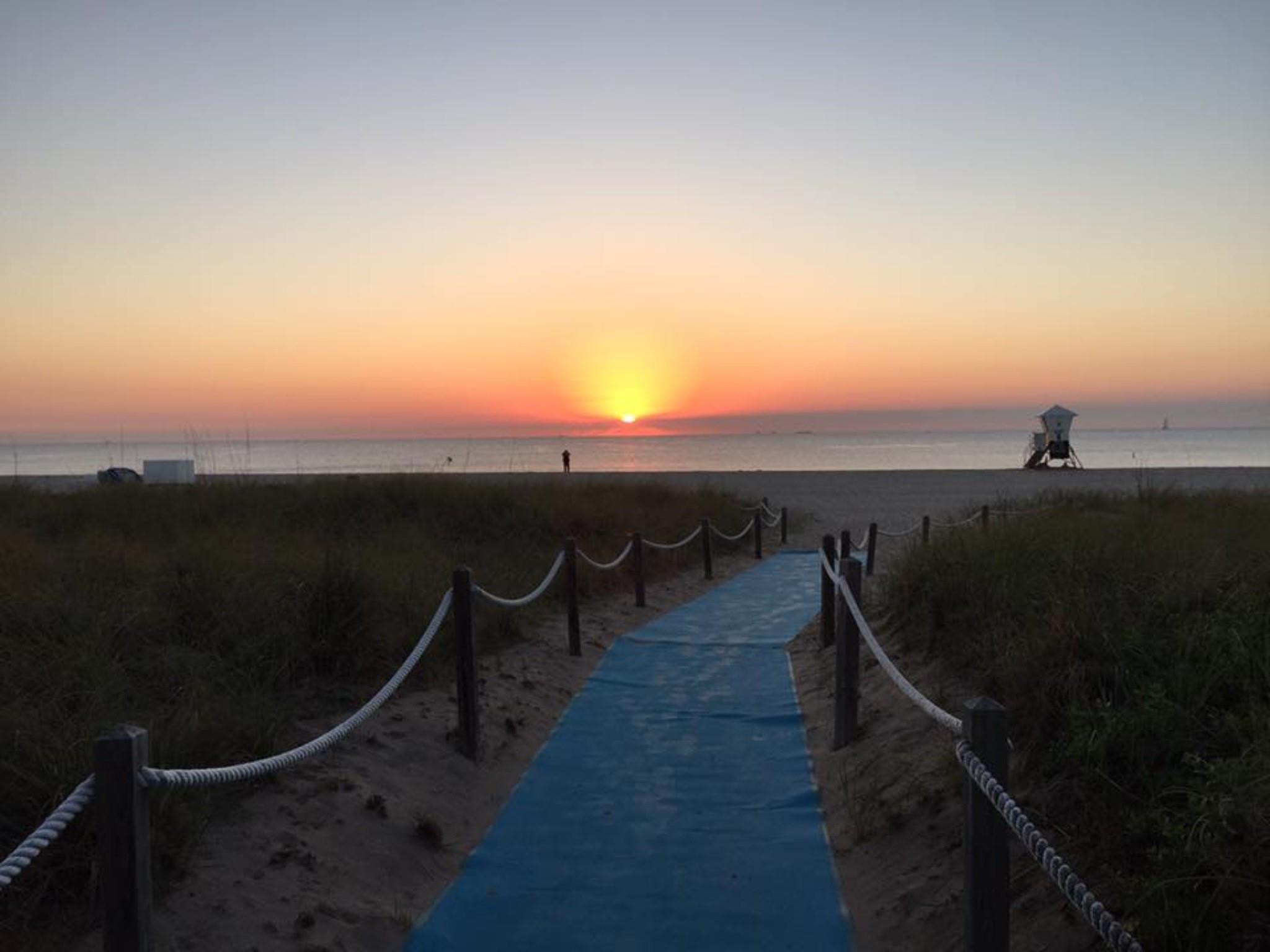 Direct beach access via a paved walkway, bordered by wood posts and rope railings, featuring native coastal dune vegetation and an ocean horizon