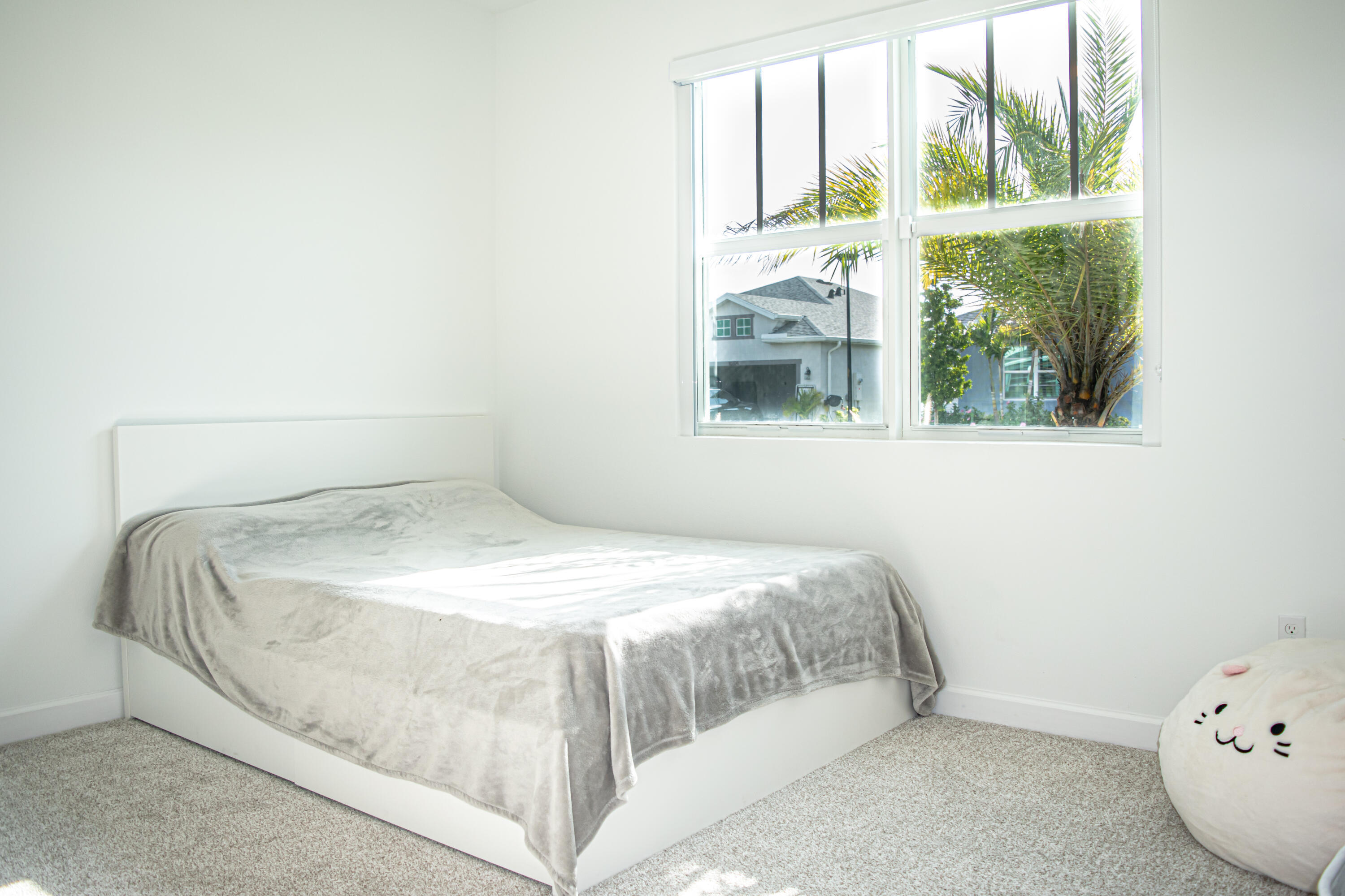 Neutral-toned wall-to-wall carpeting and large window with muntin detailing
