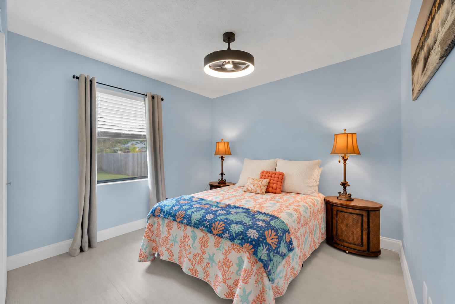 Coastal Bedroom, Coral Bedding, Black Fa