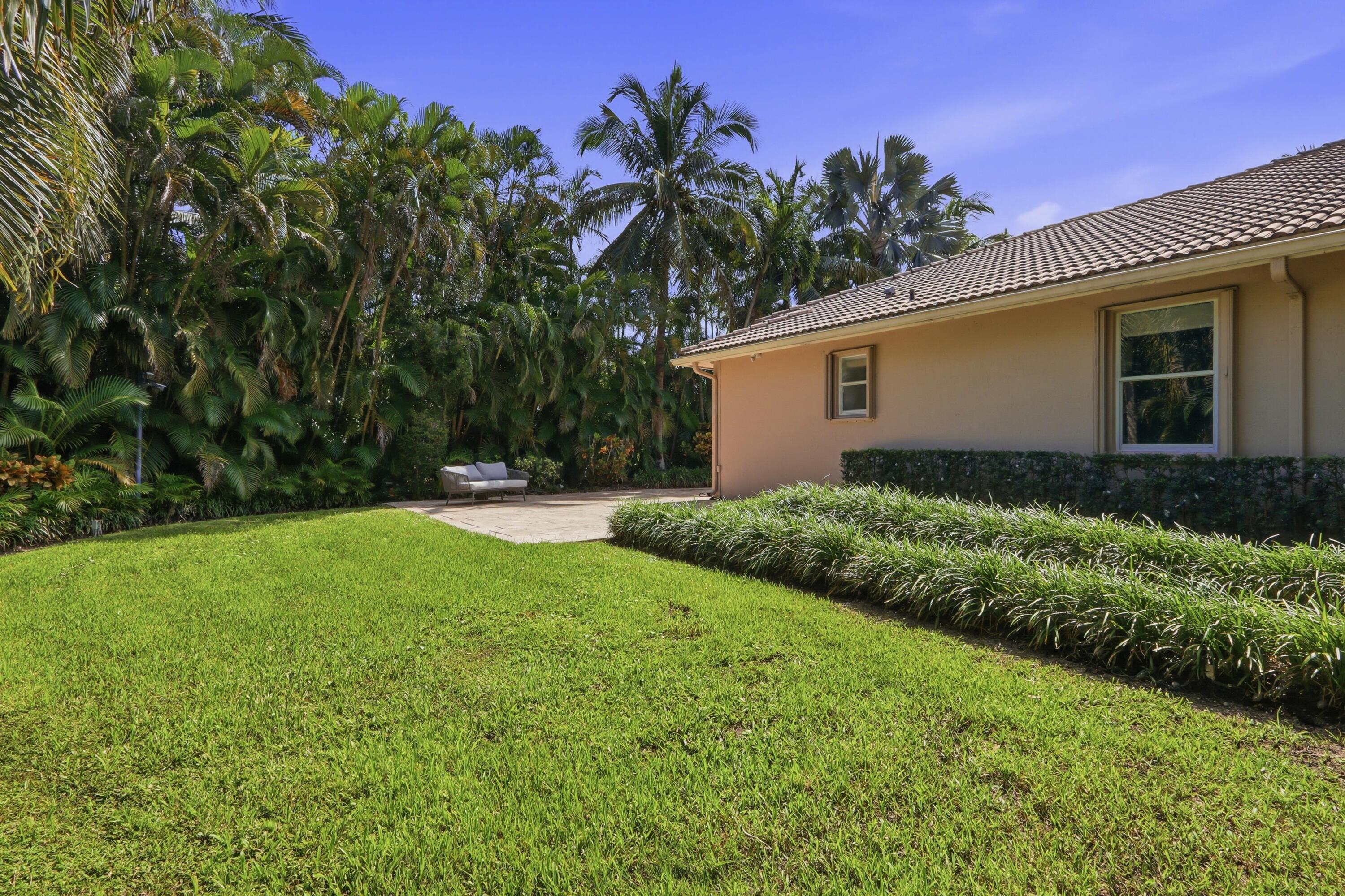 Rear yard featuring a manicured lawn, paved patio, mature palm trees, and established shrubbery bordering the stucco exterior with tile roofing