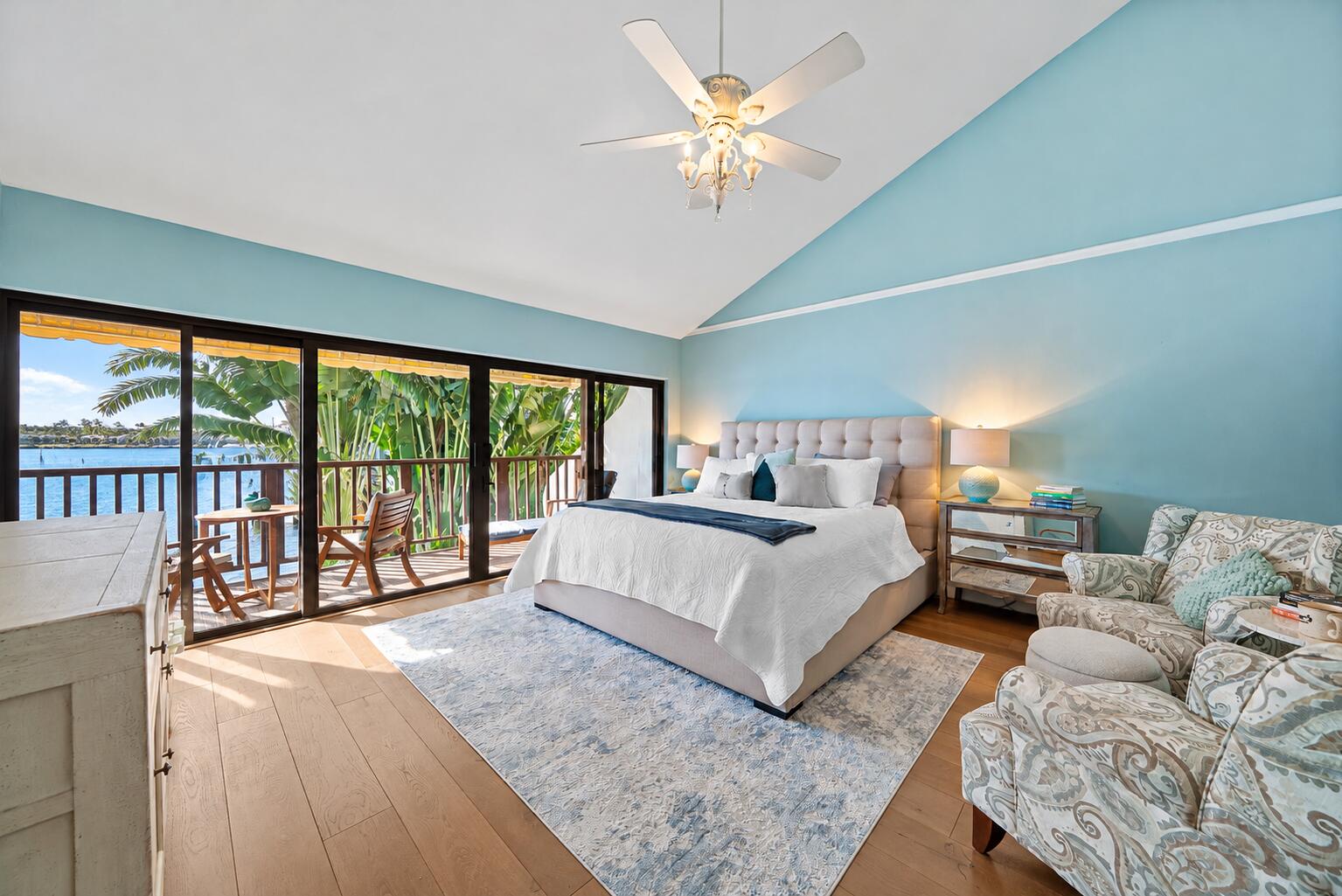 Coastal Bedroom with Waterfront Balcony