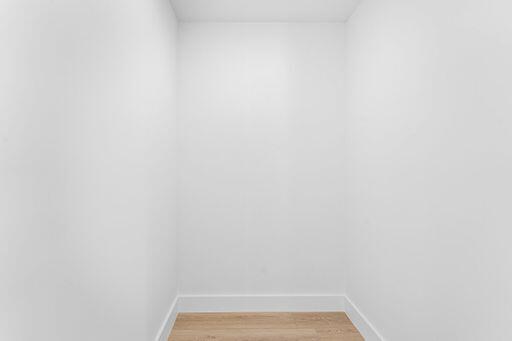 Enclosed storage space featuring neutral wall finishes and wood-finish flooring