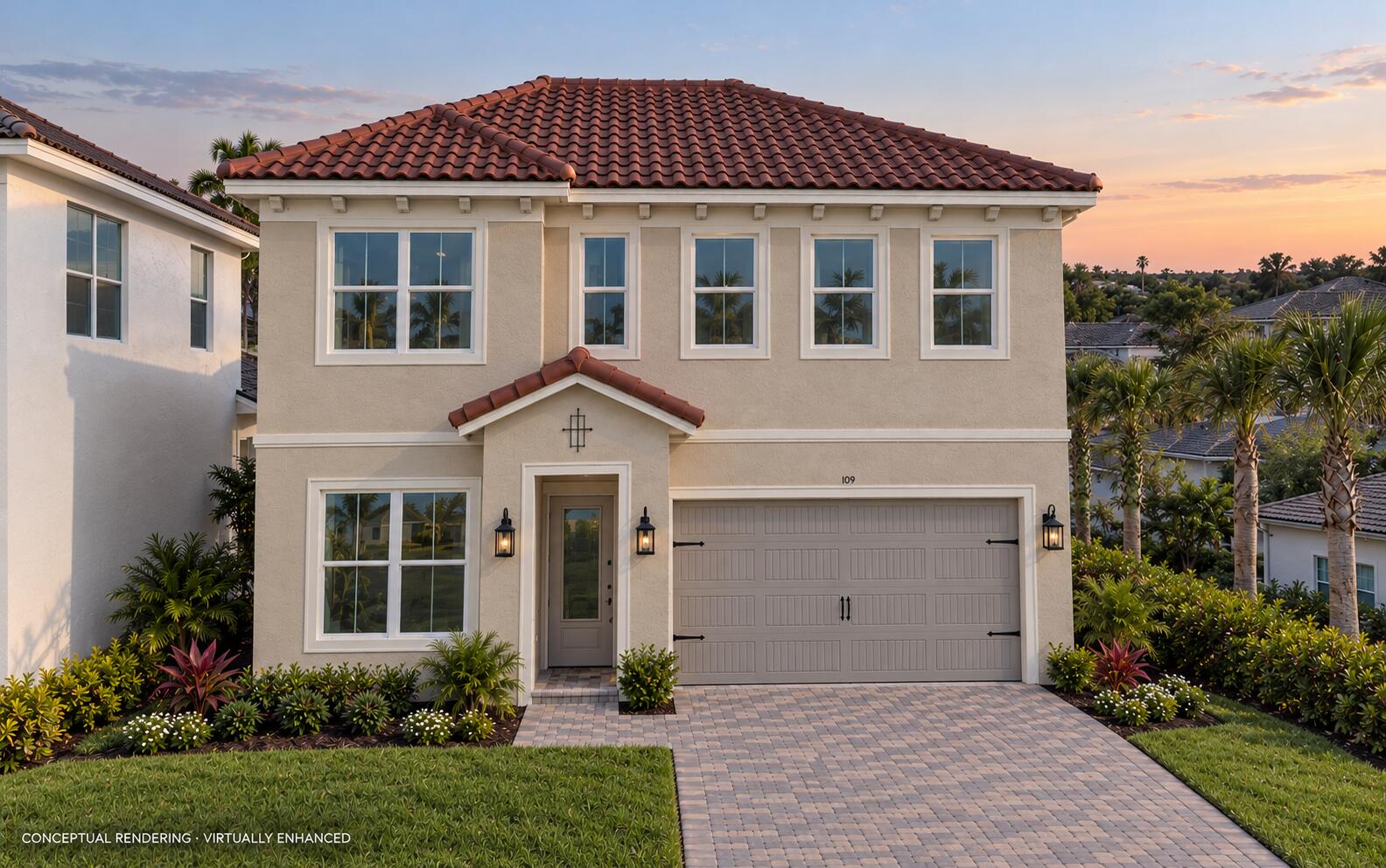 Realistic Twilight Aerial of a Taupe Hom