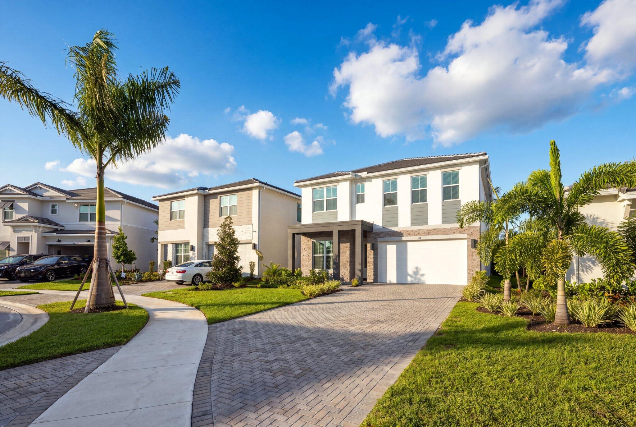 Two-story exterior featuring a stone facade, paver driveway, covered entryway, and palm tree landscaping