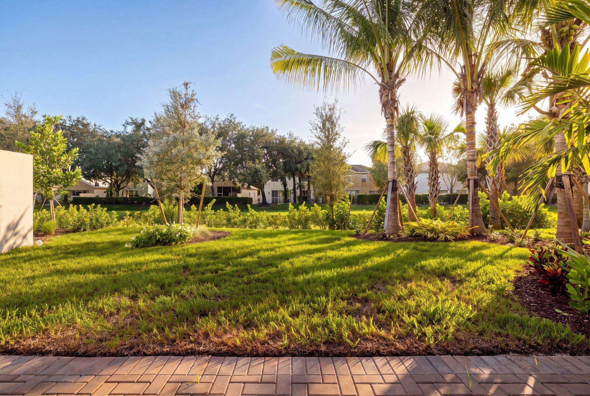 Outdoor space featuring a paved brick patio, manicured lawn, established palm trees, and mature landscaping