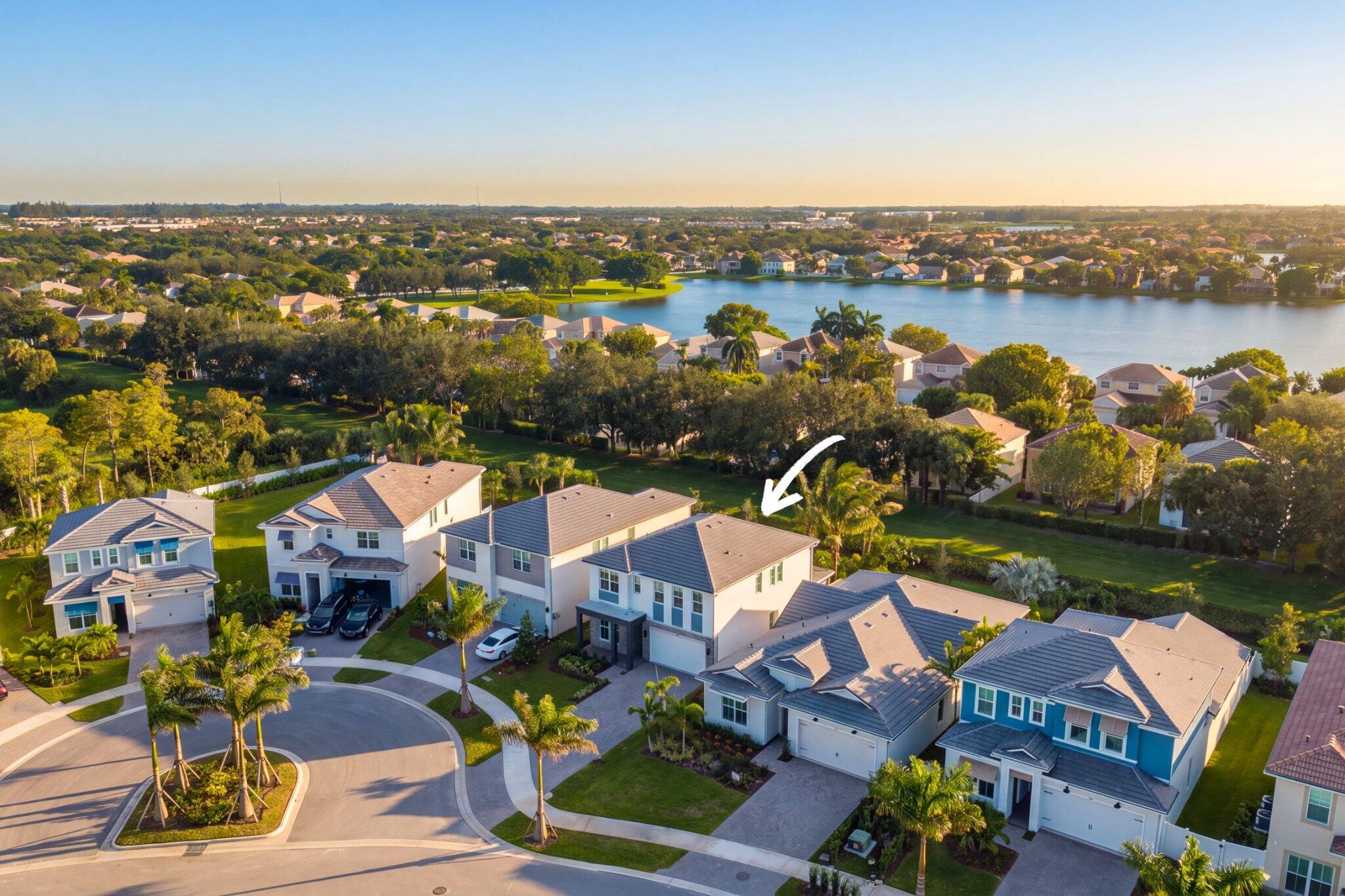 Aerial perspective of two-story residence featuring a multi-gable roofline, paved driveway, and manicured landscaping in a lakefront community