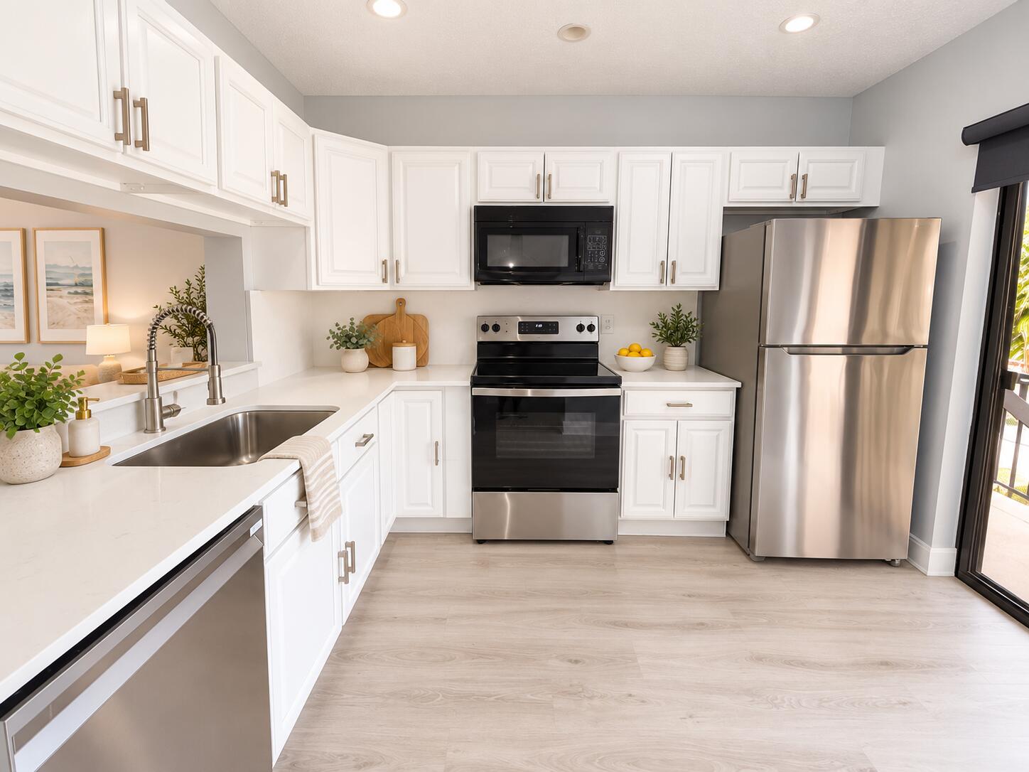 Kitchen featuring white shaker-style cabinetry, quartz countertops, wood-finish flooring, stainless steel appliances, and a gooseneck faucet
