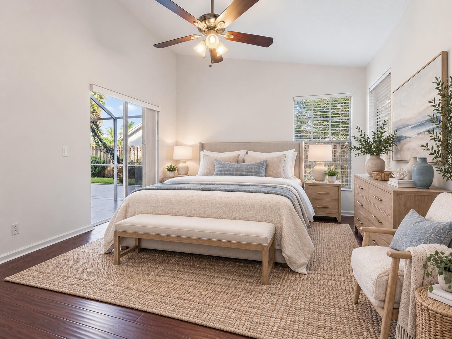 VIRTUALLY STAGED. Primary bedroom shown with digital furniture and decor to illustrate possible updates.