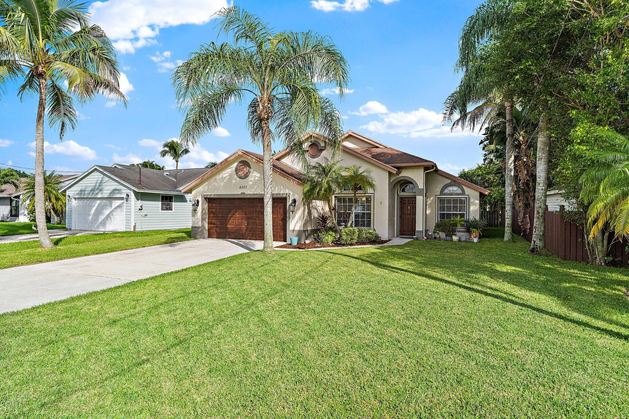 Front yard and driveway with mature palms.