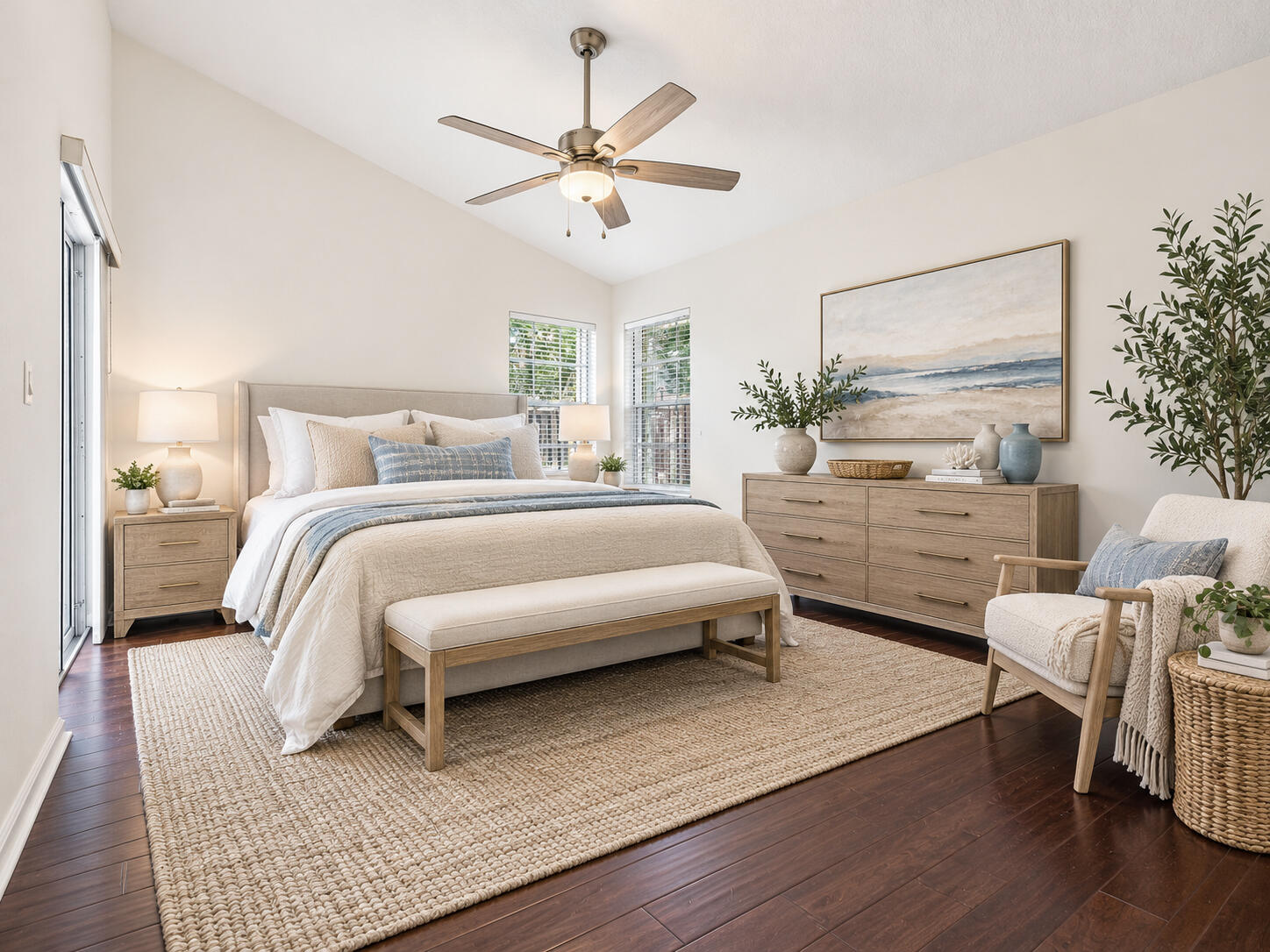 VIRTUALLY STAGED. Primary bedroom shown with digital furniture and decor to illustrate possible updates.
