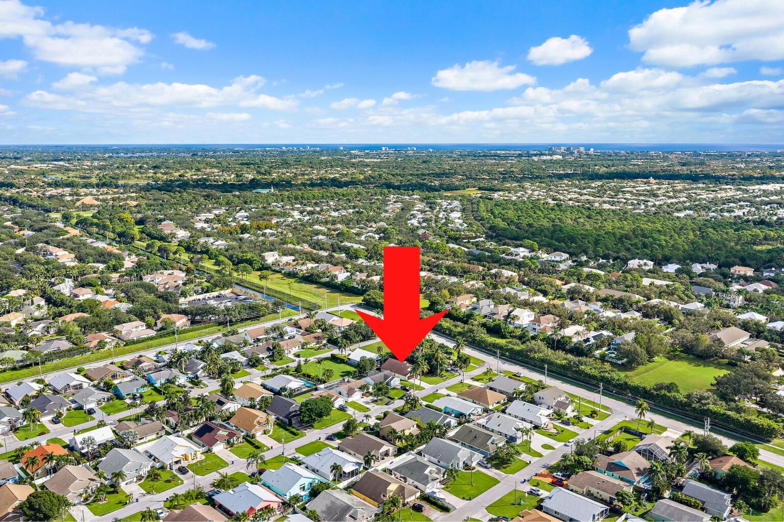 Aerial view with the home marked, in The Heights of Jupiter.
