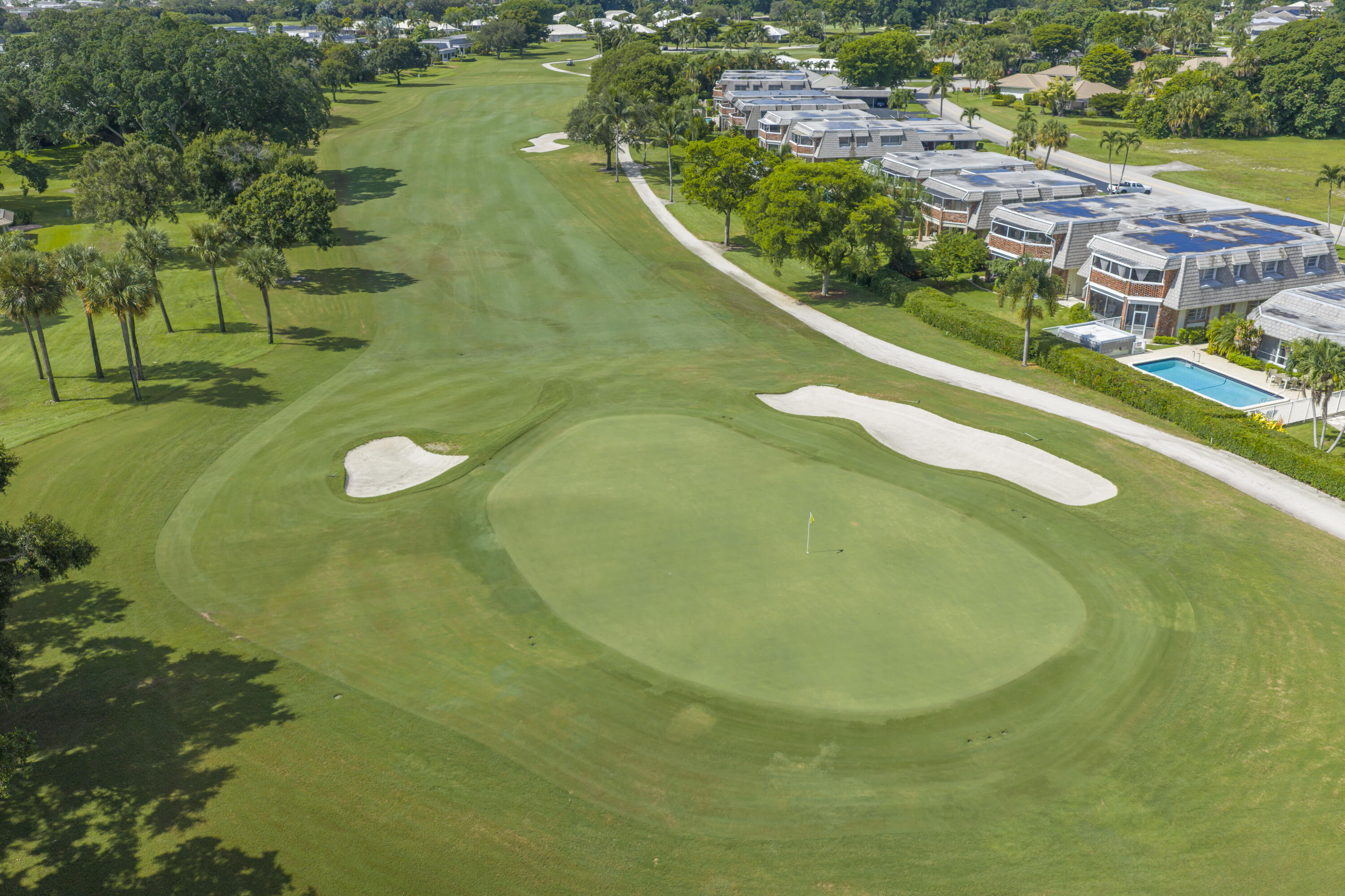 Aerial perspective of a golf course featuring manicured putting greens, sand bunkers, mature palm trees, and residential properties with exterior swimming pools
