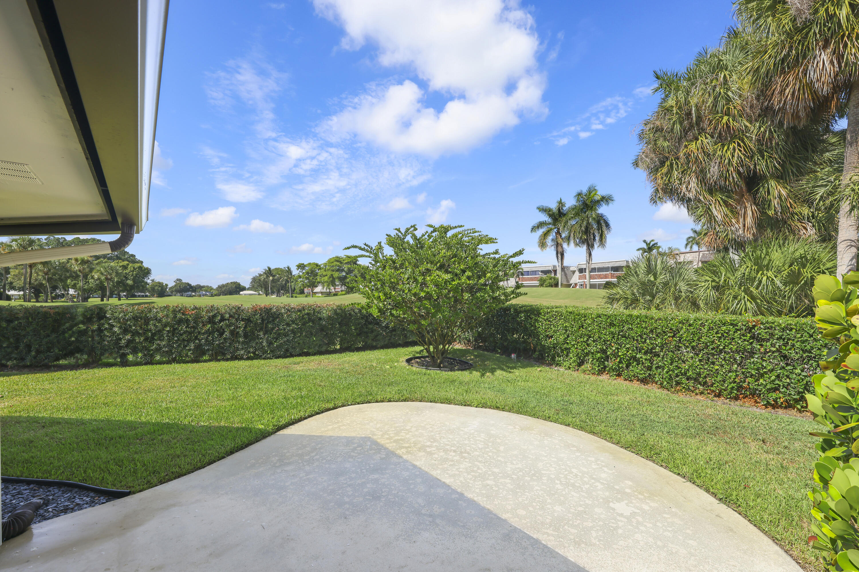 Concrete patio overlooking a manicured lawn, hedge-lined perimeter, and mature landscaping