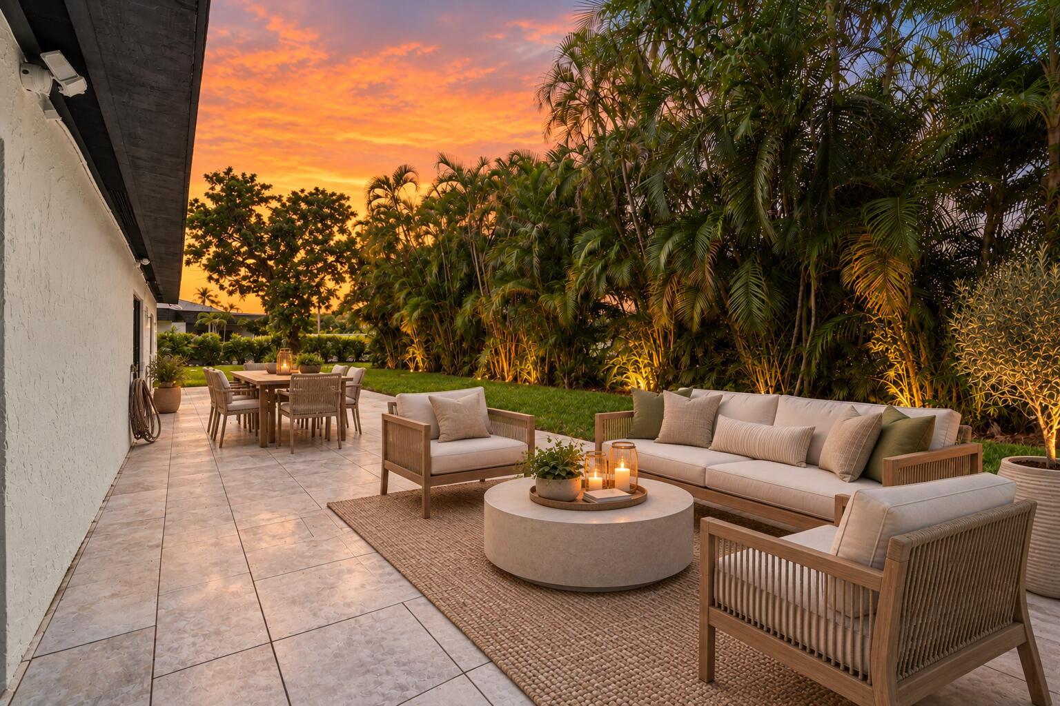 Expansive outdoor patio featuring light-toned tile flooring, manicured lawn, and mature perimeter landscaping Expansive outdoor patio featuring light-toned tile flooring, manicured lawn, and mature perimeter landscaping
