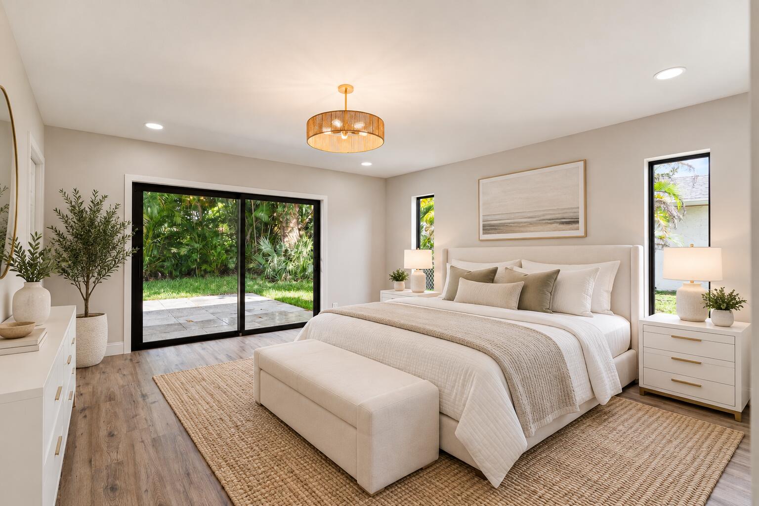 Living space featuring wood-finish flooring, recessed lighting, a decorative drum chandelier, sliding glass doors, and vertical windows