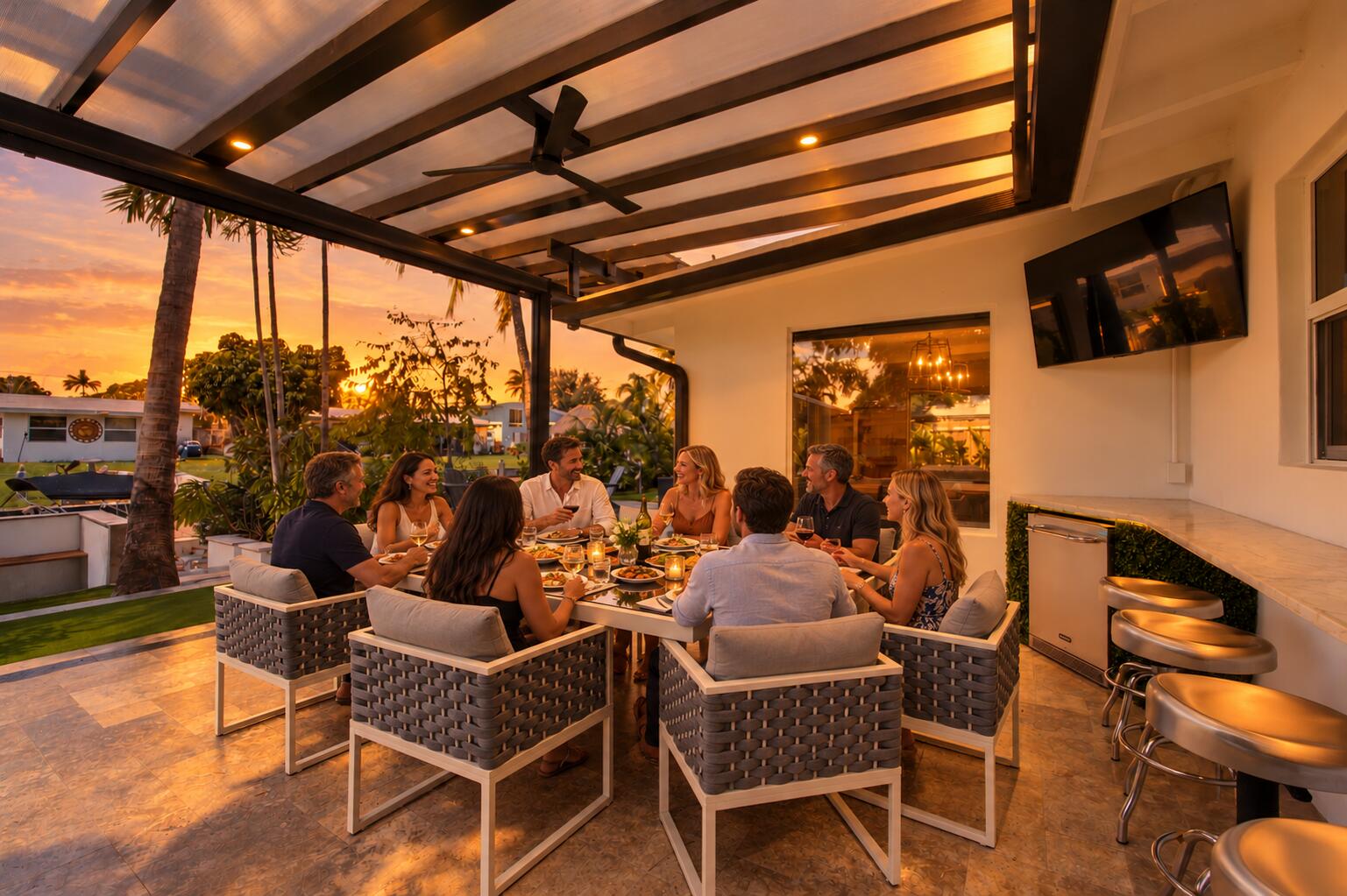 Covered outdoor living space featuring a louvered patio ceiling, recessed lighting, ceiling fan, stone-finish flooring, and a built-in outdoor kitchen counter with an under-counter refrigerator