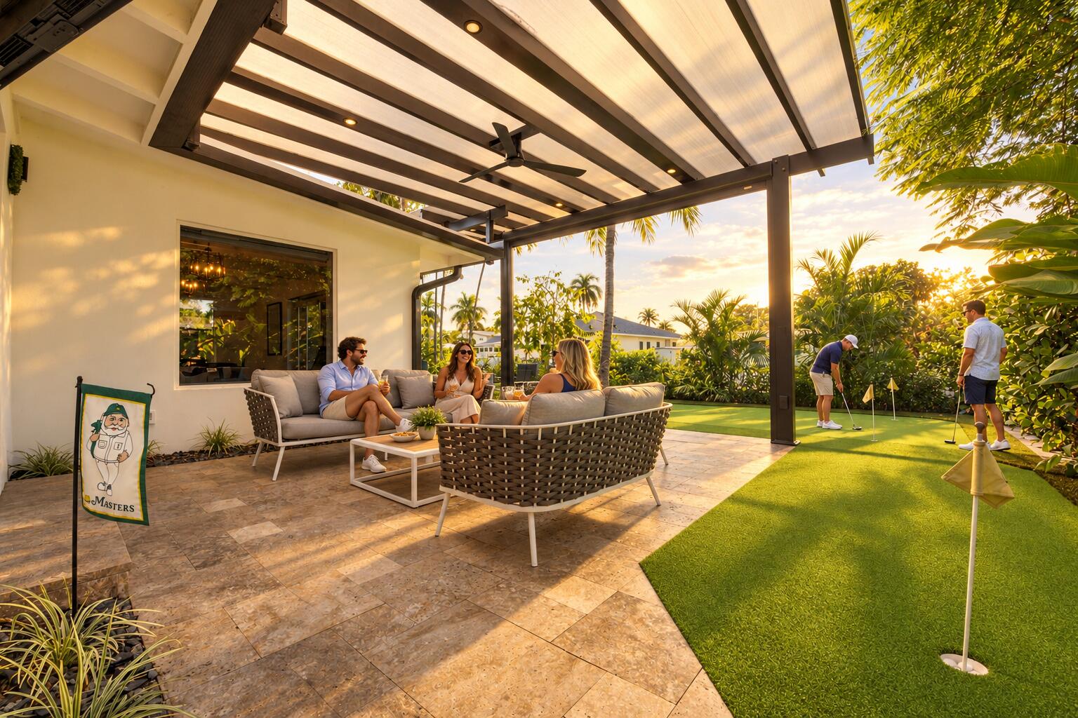 Covered patio featuring stone-tile flooring, integrated recessed lighting, and a ceiling fan, complemented by an artificial turf putting green