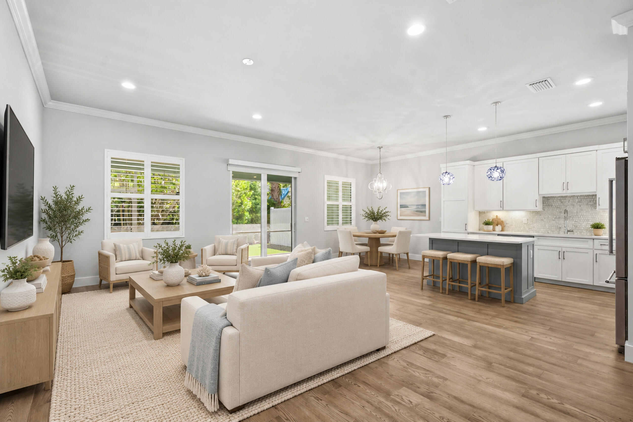 Living room, dining room and kitchen