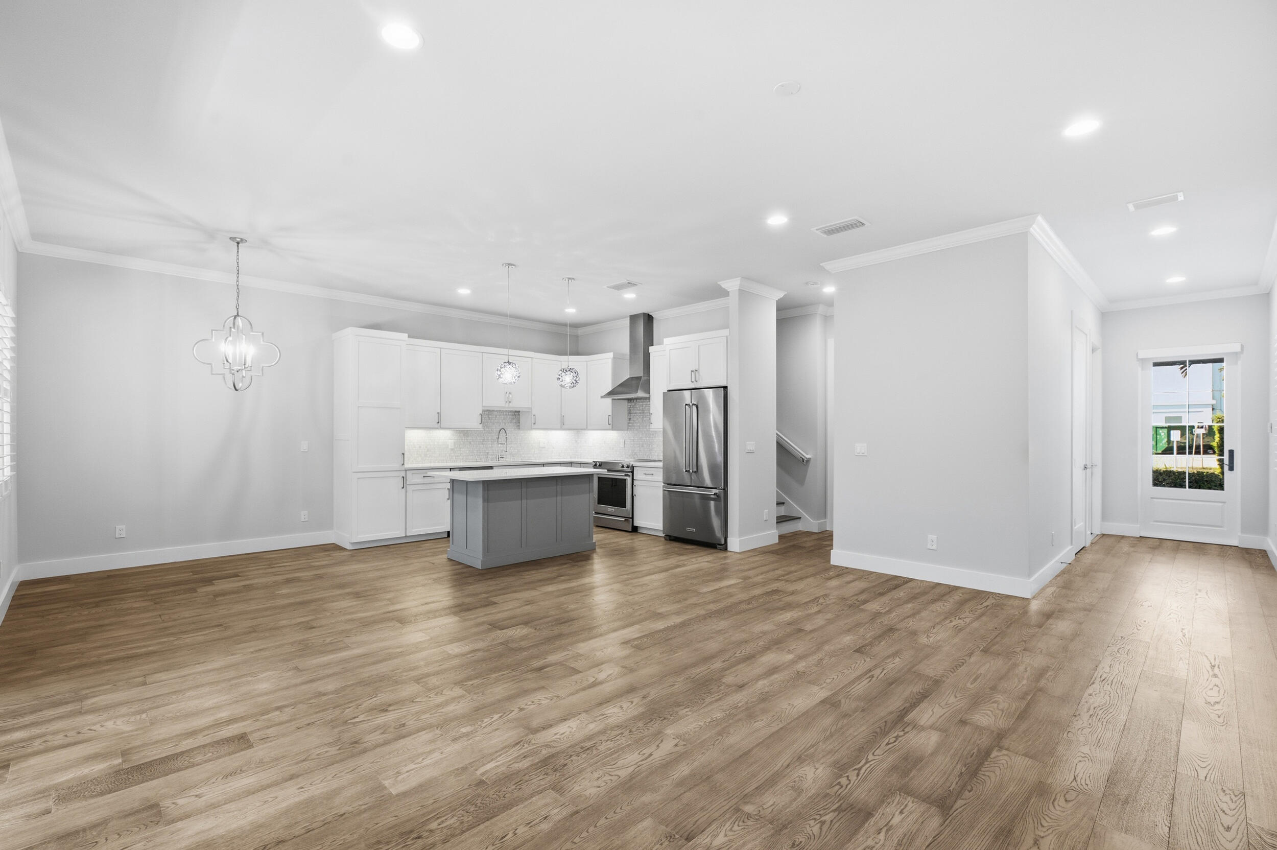 Living room, dining room and kitchen