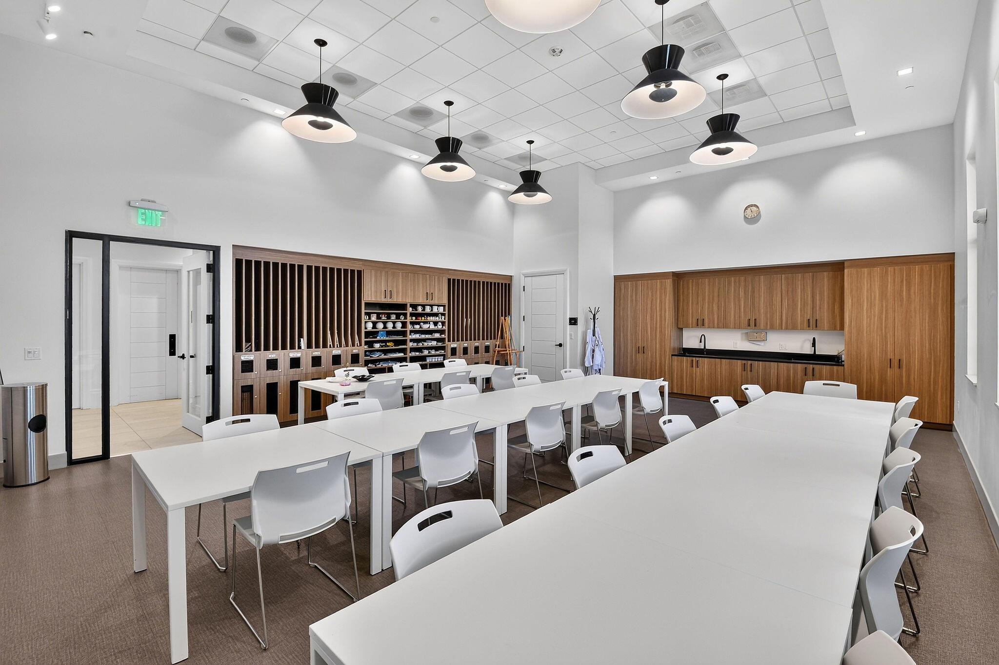 Recessed lighting, drop ceiling, pendant lighting, wood-finish cabinetry, built-in sink