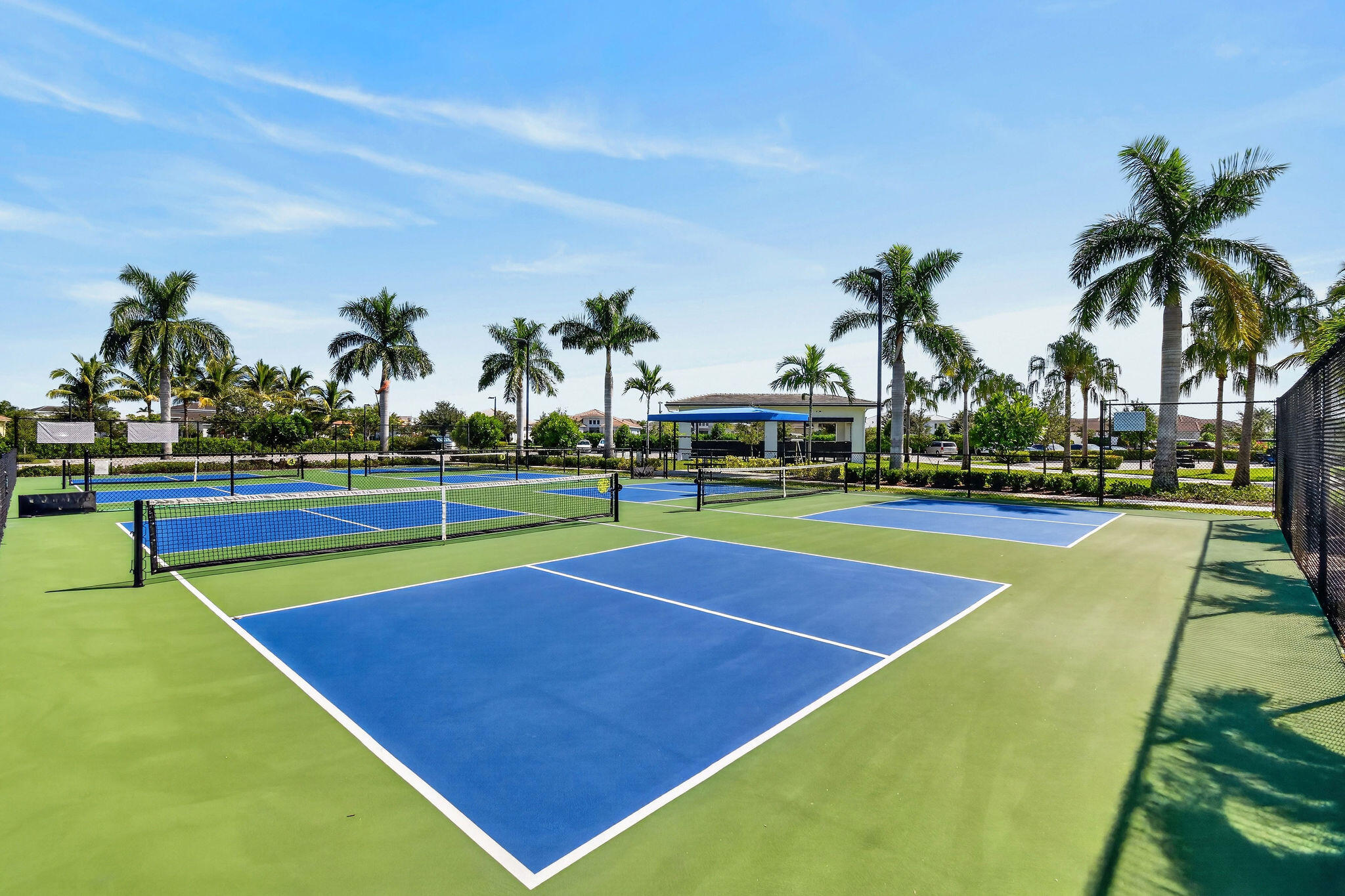 Multiple pickleball courts with blue and green surfacing