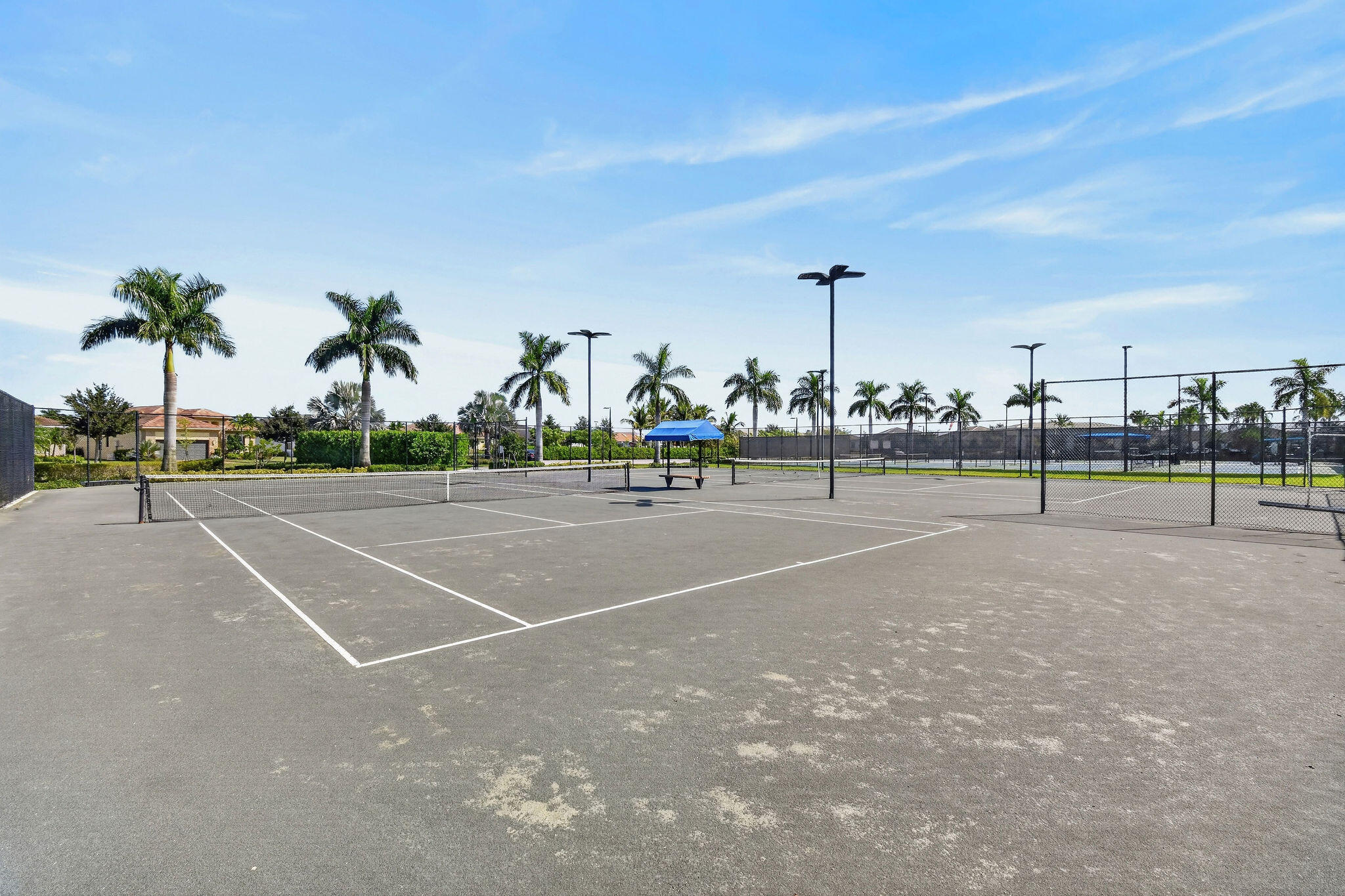 Multiple tennis courts featuring court lighting and perimeter fencing