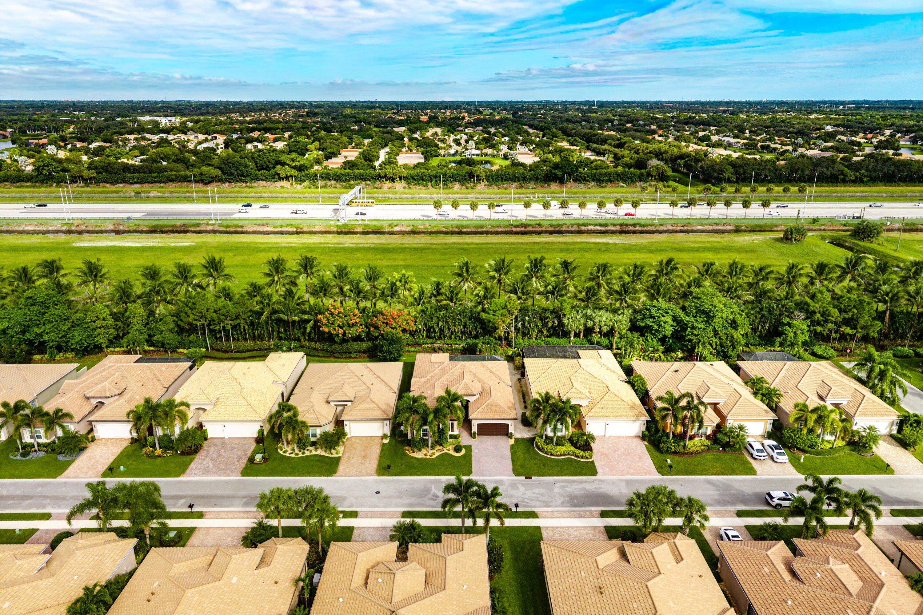 Aerial perspective of a suburban neighborhood featuring paved streets, multi-textured rooflines, and mature landscaping including integrated palm trees
