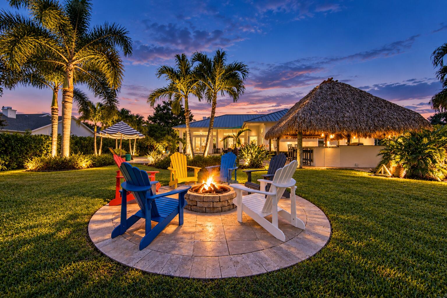 Twilight Tropical Backyard Fire Pit