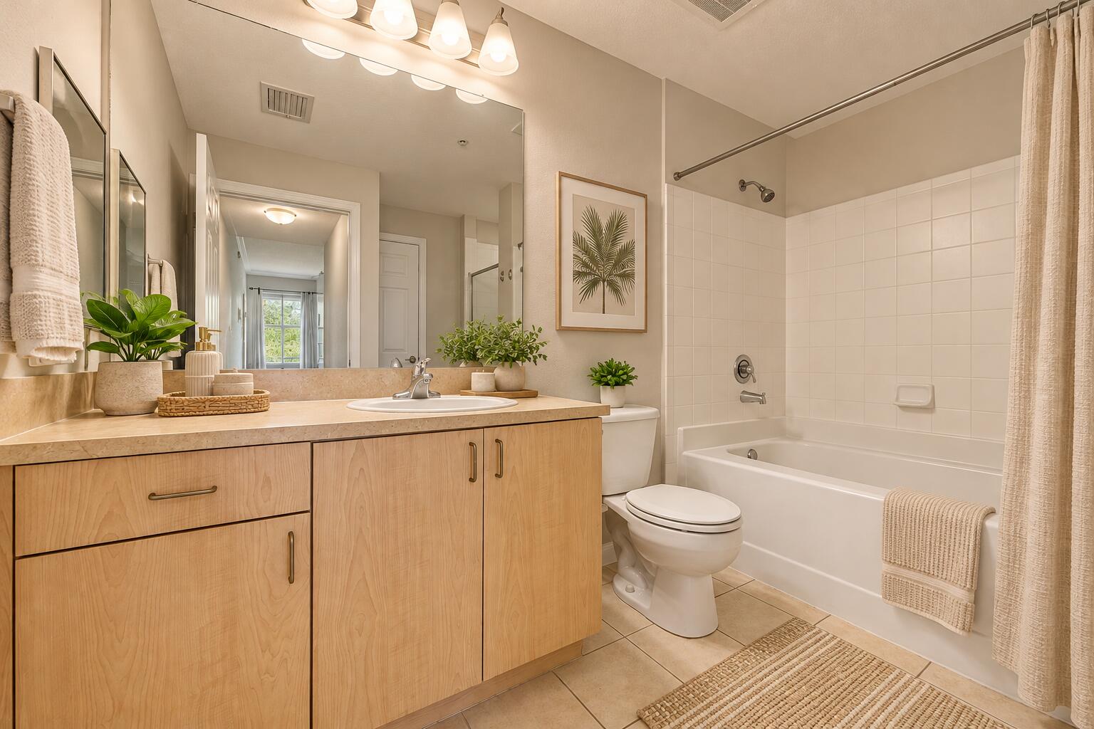 Bathroom featuring a wood-finish vanity with a drop-in sink, solid-surface countertop, full-width mirror, and a tub-shower combination with tiled surround