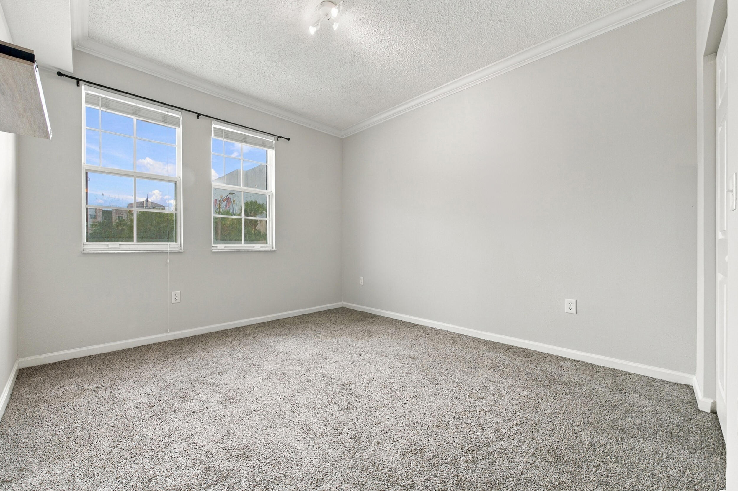Neutral-toned interior featuring dual double-hung windows, crown molding, and wall-to-wall carpeting