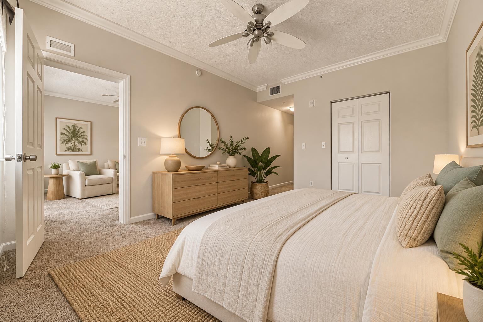 Neutral-toned interior featuring crown molding, carpeting, and a ceiling fan with light fixture, complemented by double-door closet cabinetry
