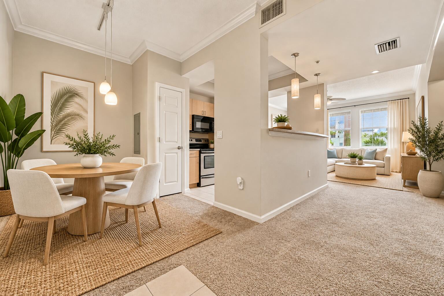 Interior featuring crown molding, recessed lighting, multi-pendant light fixtures, a partial room divider with a pass-through ledge, and carpeted flooring