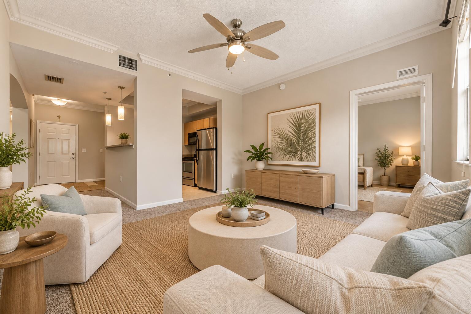 Living area featuring crown molding, a central ceiling fan with integrated lighting, neutral wall finishes, and carpeted flooring
