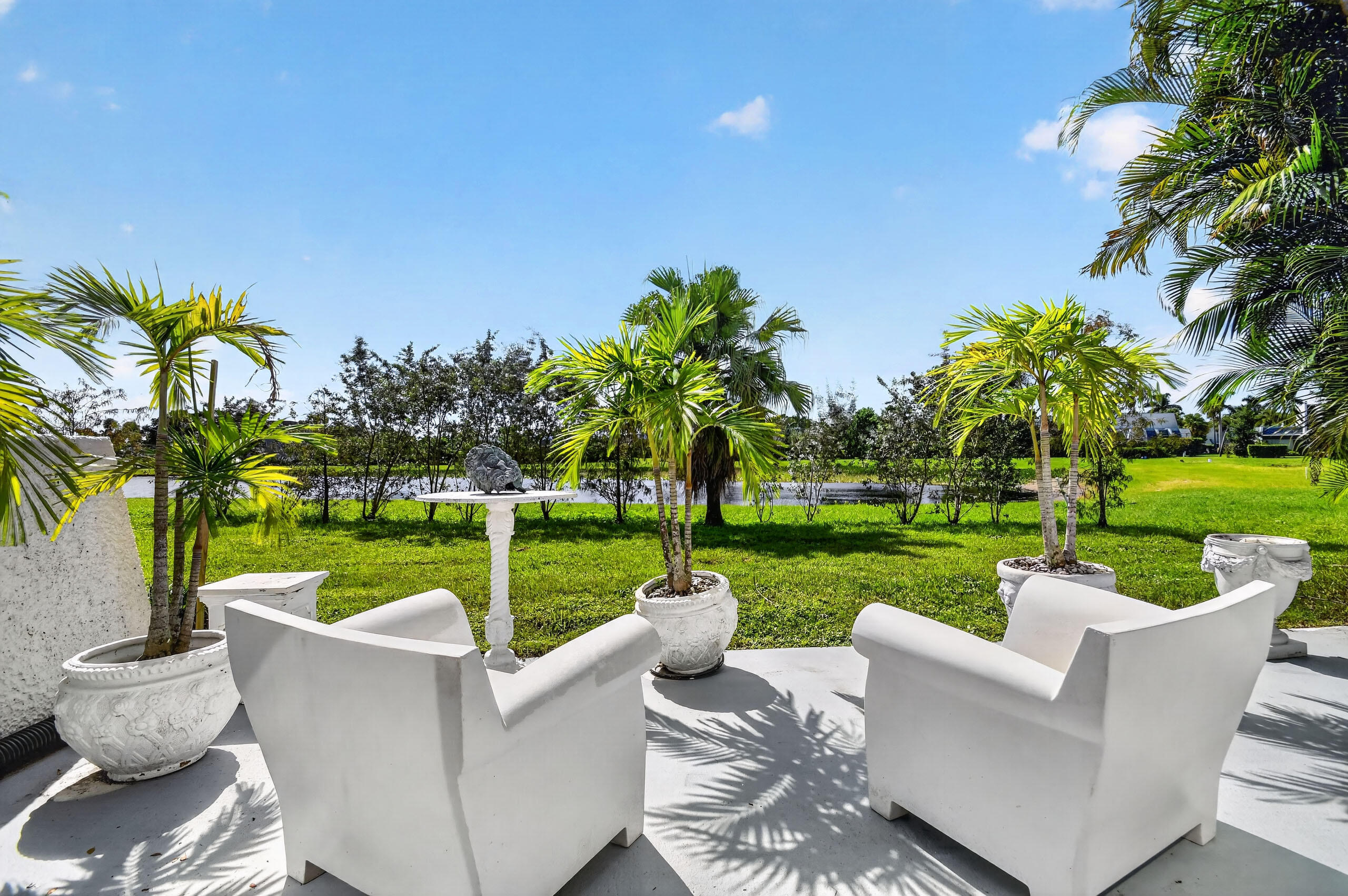 Outside patio with water view.