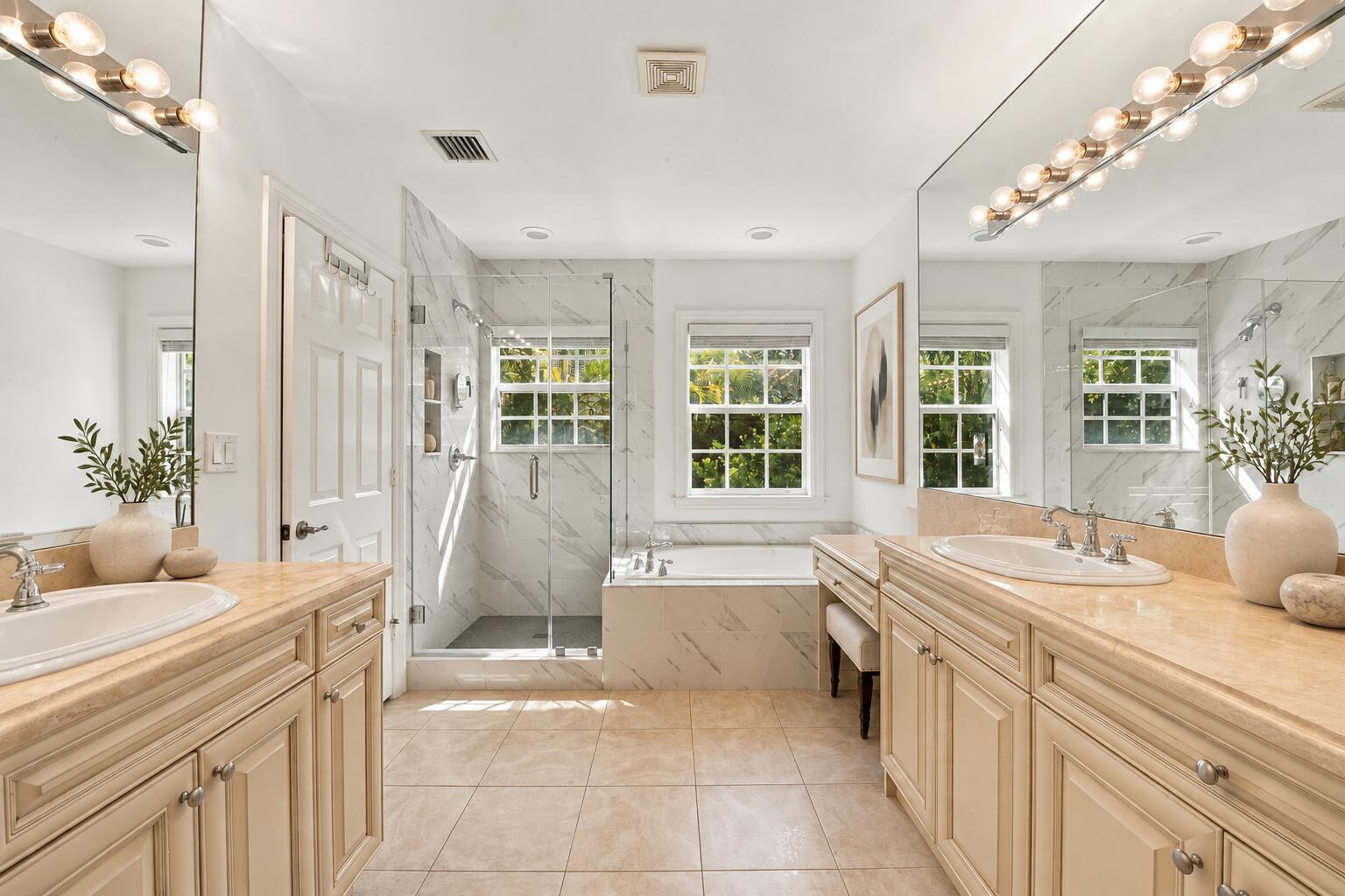 Primary bathroom with sculptural accents
