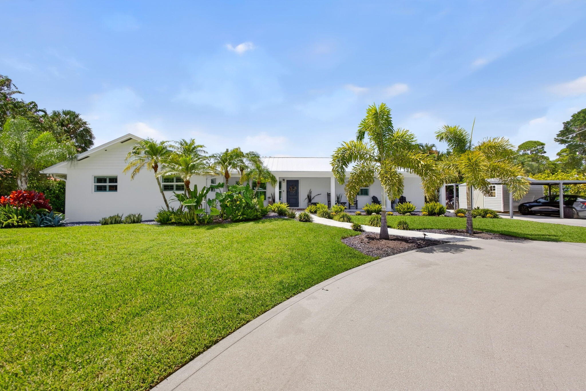 Single-story exterior featuring white siding, a metal roof, a paved driveway, a covered carport, and mature palm trees