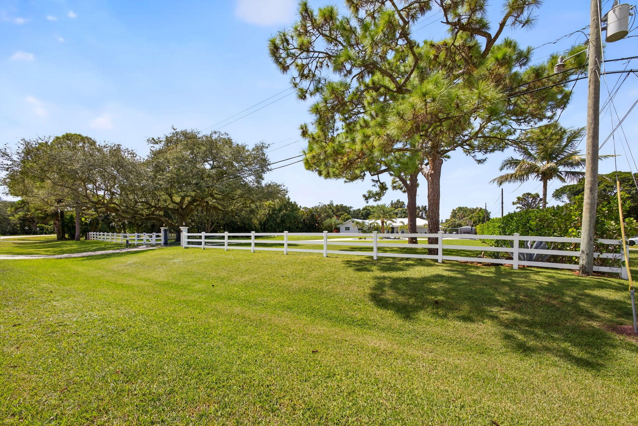 Expansive grounds featuring a manicured lawn, white split-rail fencing, and mature native trees