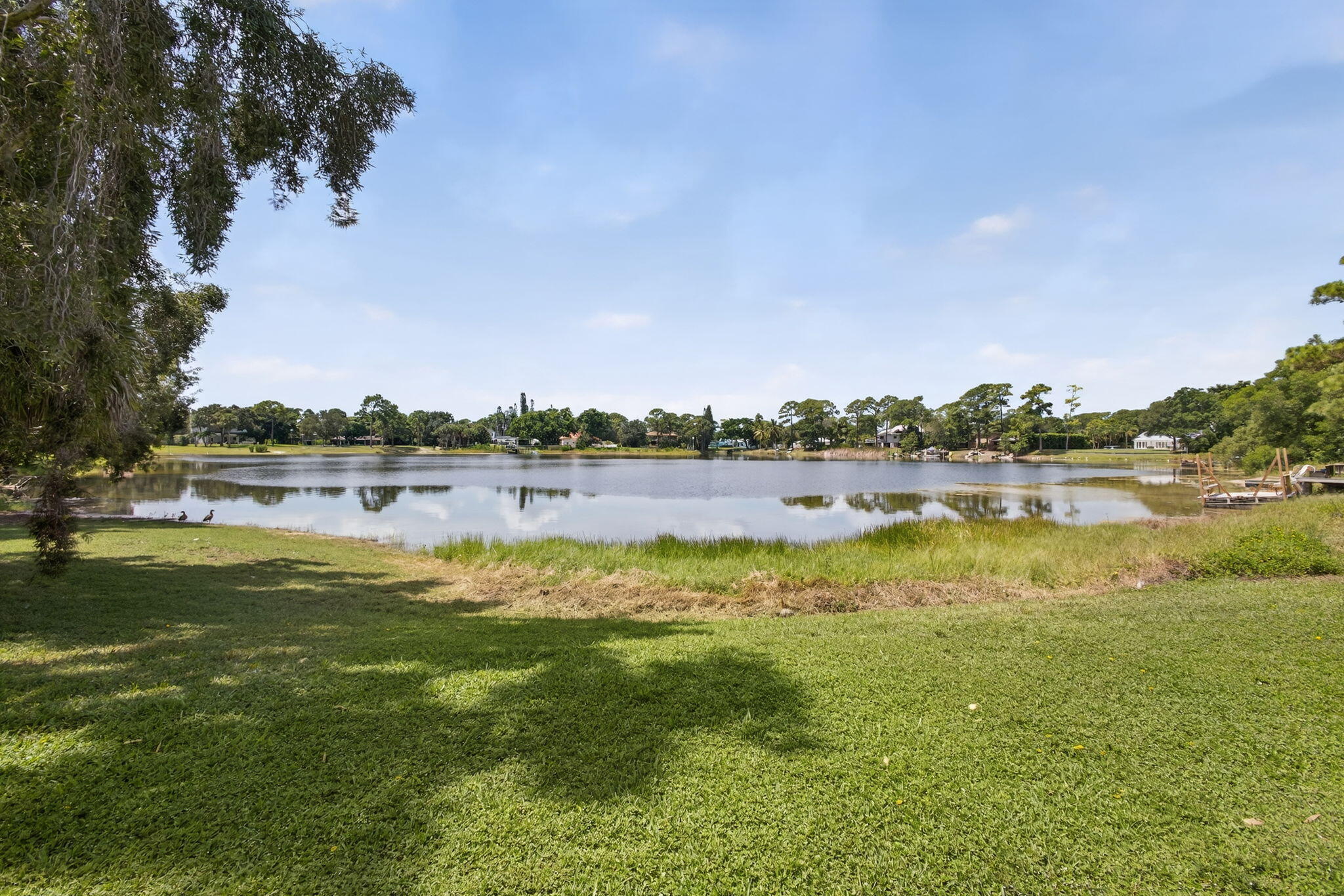 Expansive waterfront lot featuring mature trees, manicured lawn, and direct shoreline access