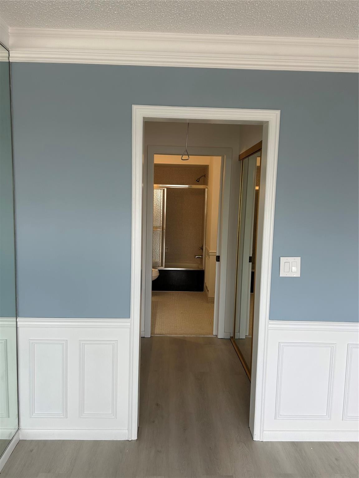 View of Master Bathroom from the Master Bedroom, His and Hers closet on each side of the hallway to the Master Bathroom. 3rd closet at the entrance of the bedroom. Bathroom has tub and shower.