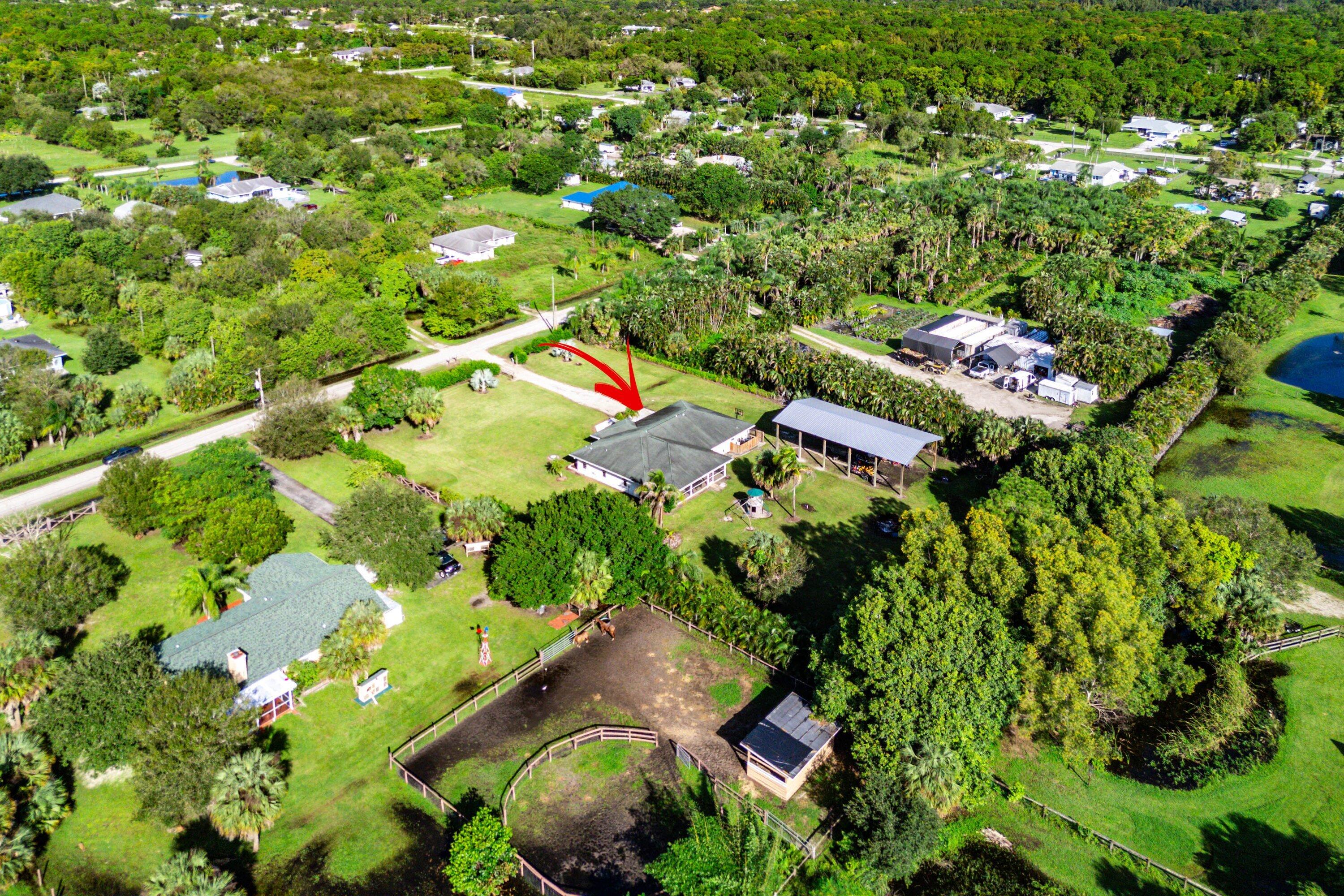Aerial perspective of a sprawling property featuring a detached covered structure, an expansive fenced perimeter, and dedicated enclosure areas amid mature trees and established landscaping
