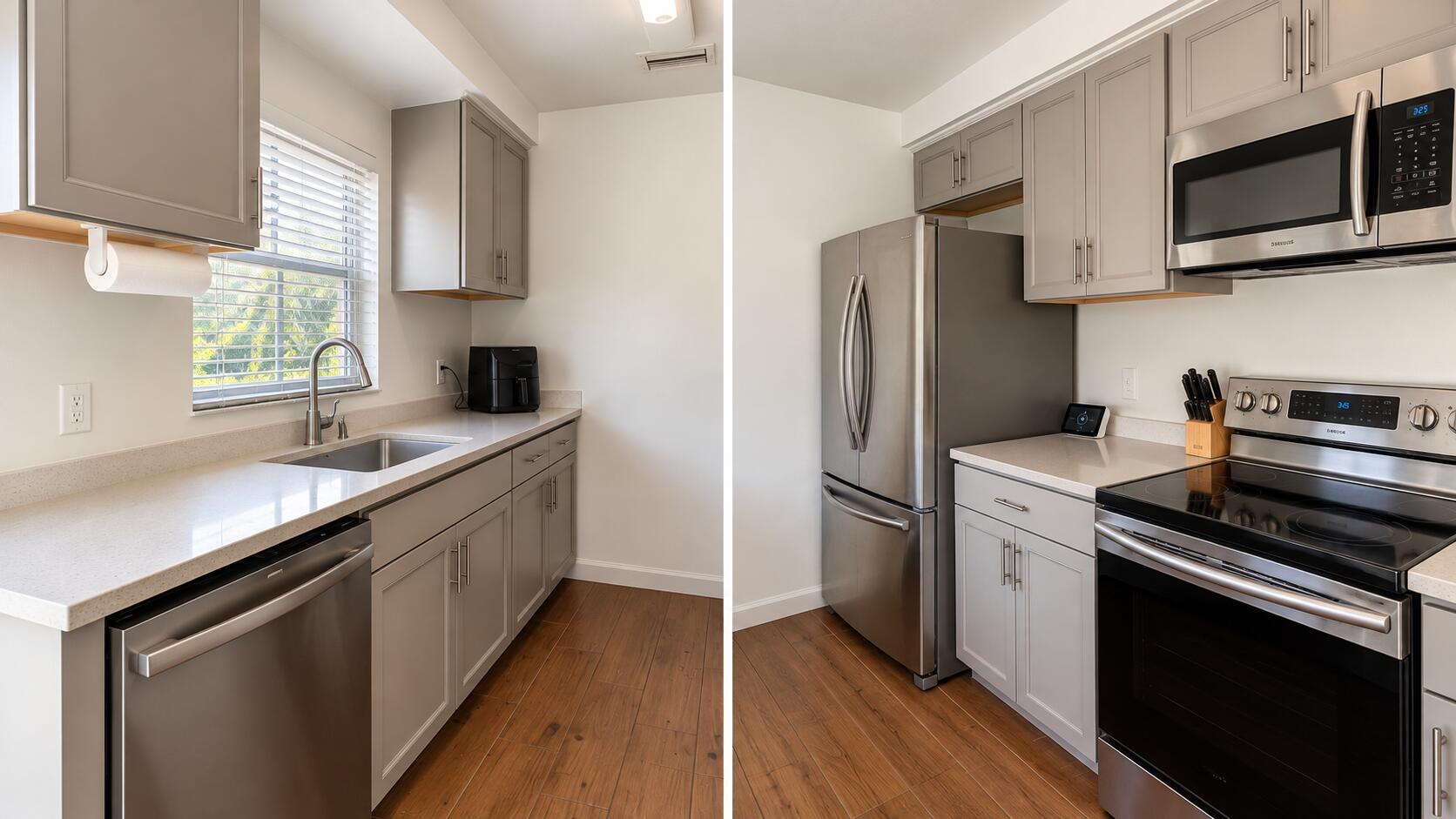 Modern Neutral Galley Kitchen Split View